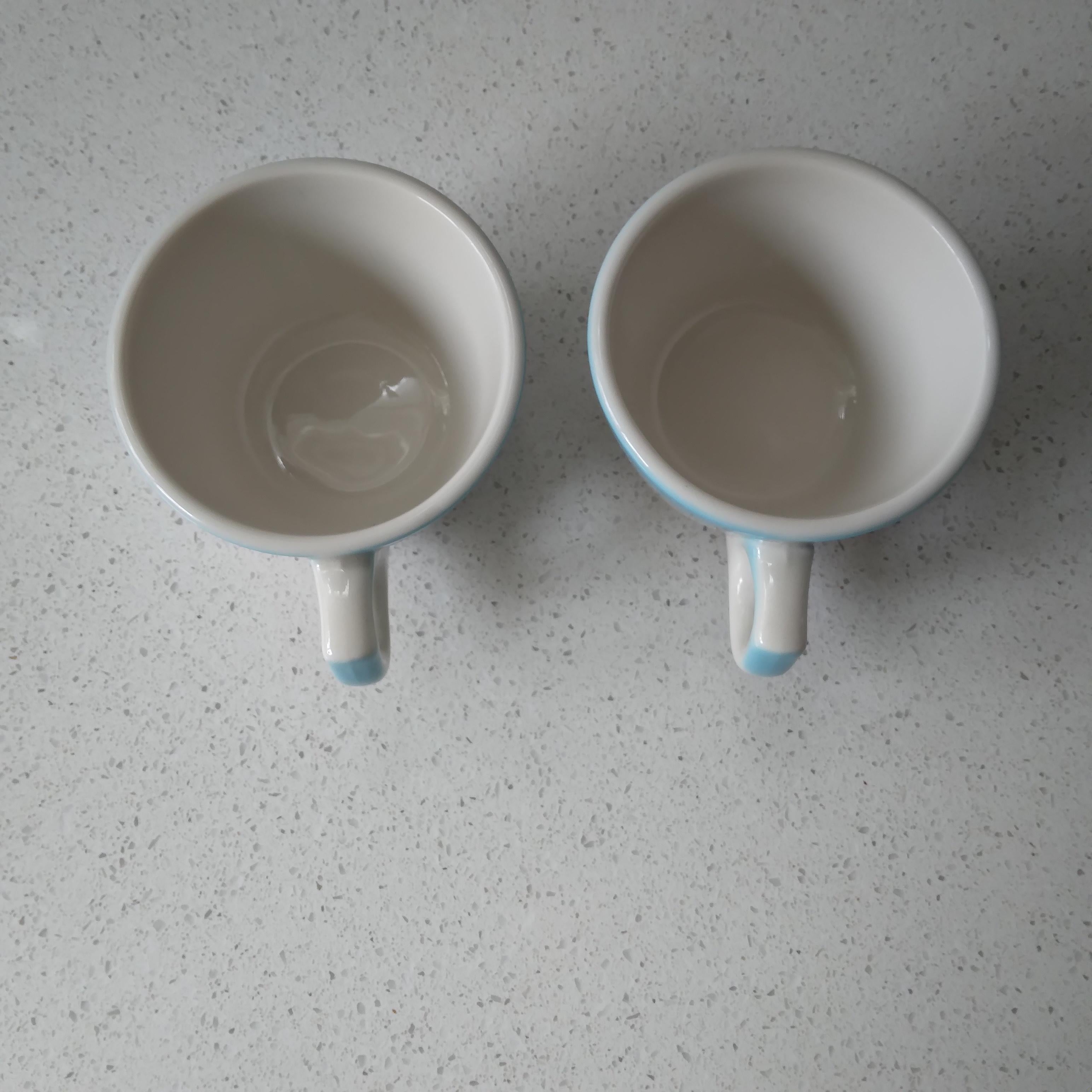 20th Century Vintage Buffalo China Tea Cup Pair in Sky Blue and Off White For Sale