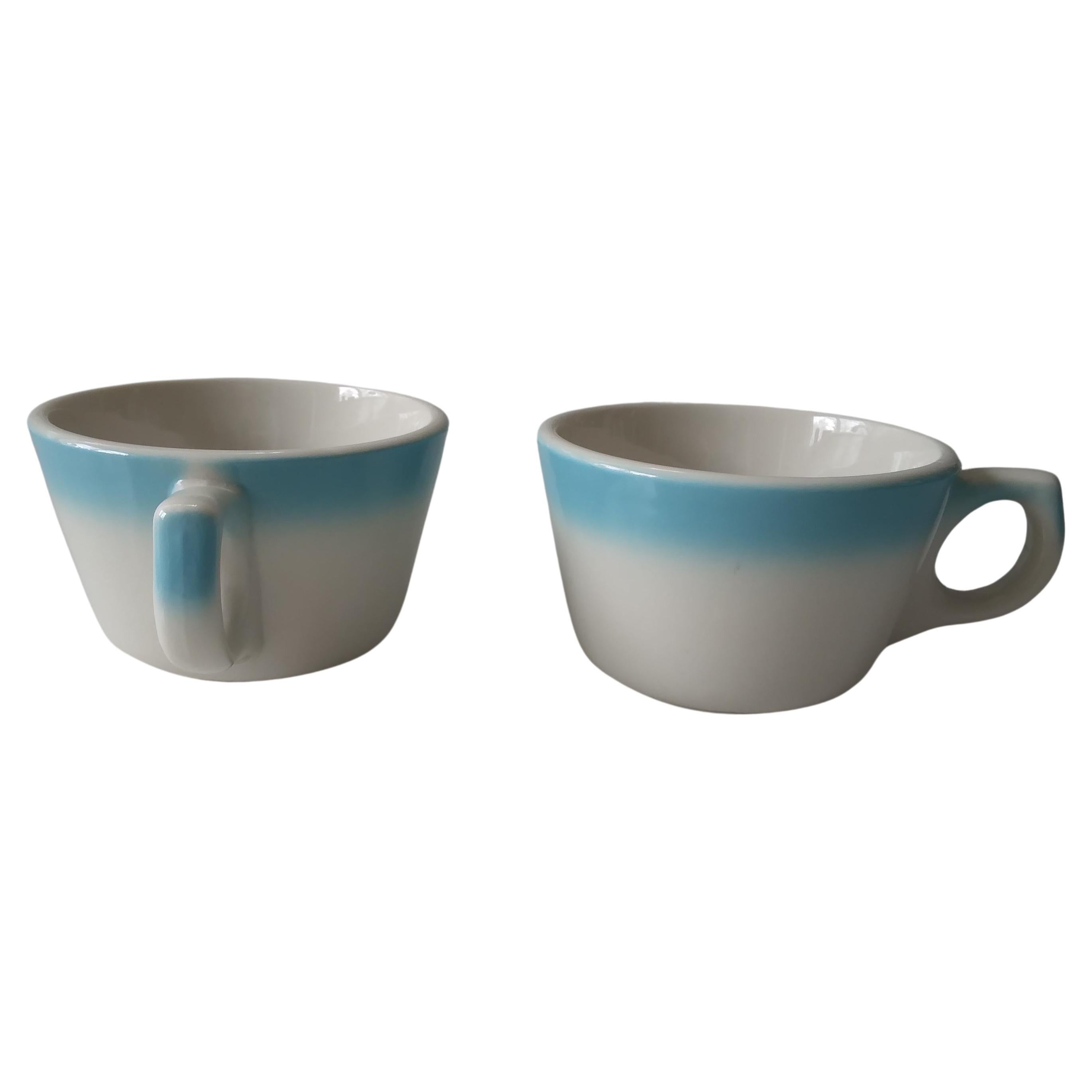 Paire de tasses à thé vintage en porcelaine buffle bleu ciel et blanc cassé en vente