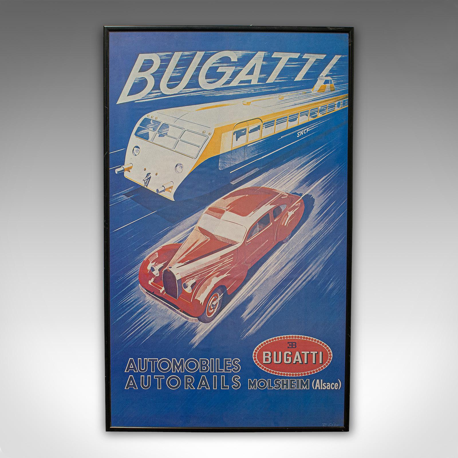This is a vintage Bugatti poster. A French, framed advertising lithograph in Art Deco taste, dating to the late 20th century, circa 1970.

Wonderful, Art Deco advertisement for Bugatti of Molsheim
Displays a desirable aged patina
Print presented