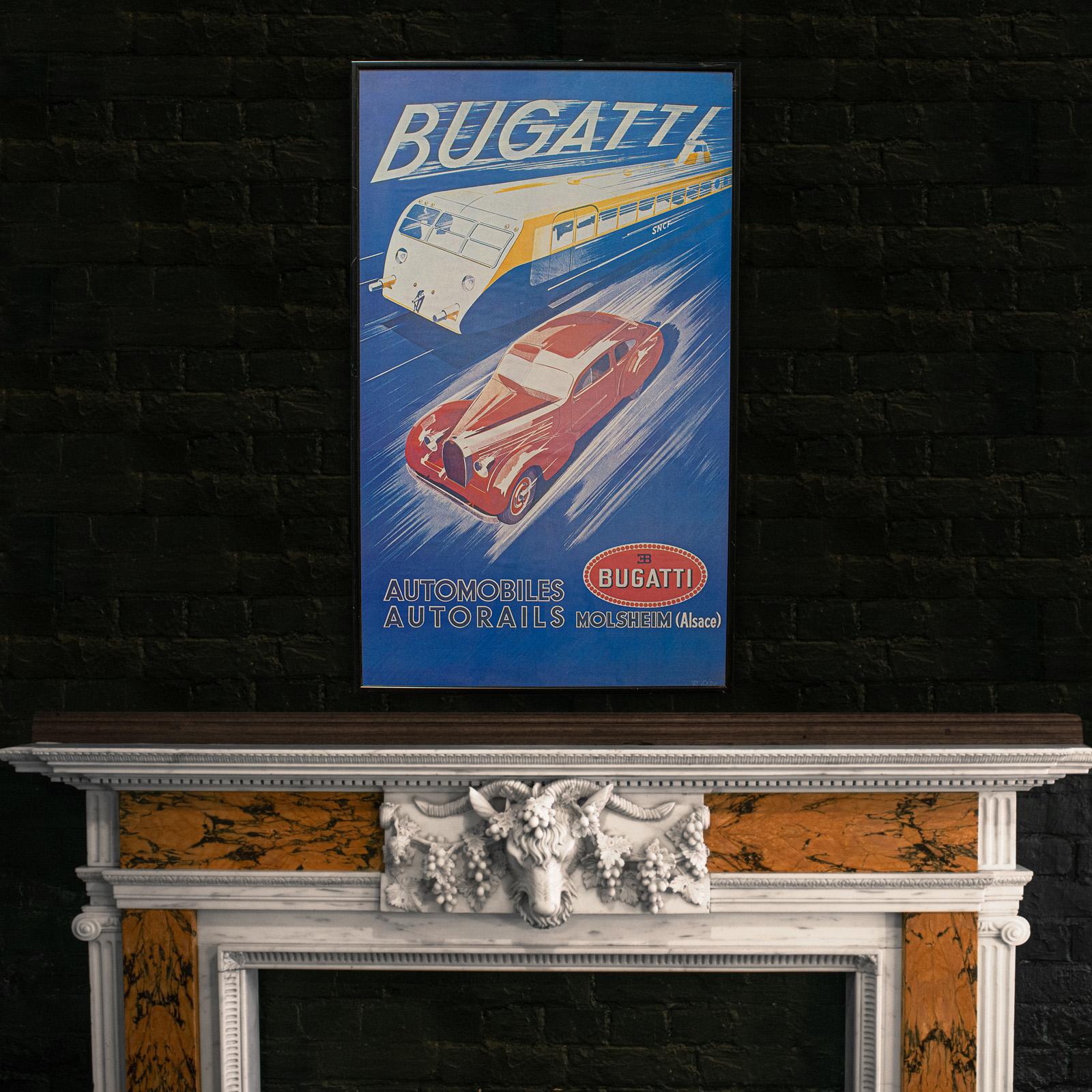 Paper Vintage Bugatti Poster, French, Framed, Advertisement, Lithograph, Art Deco