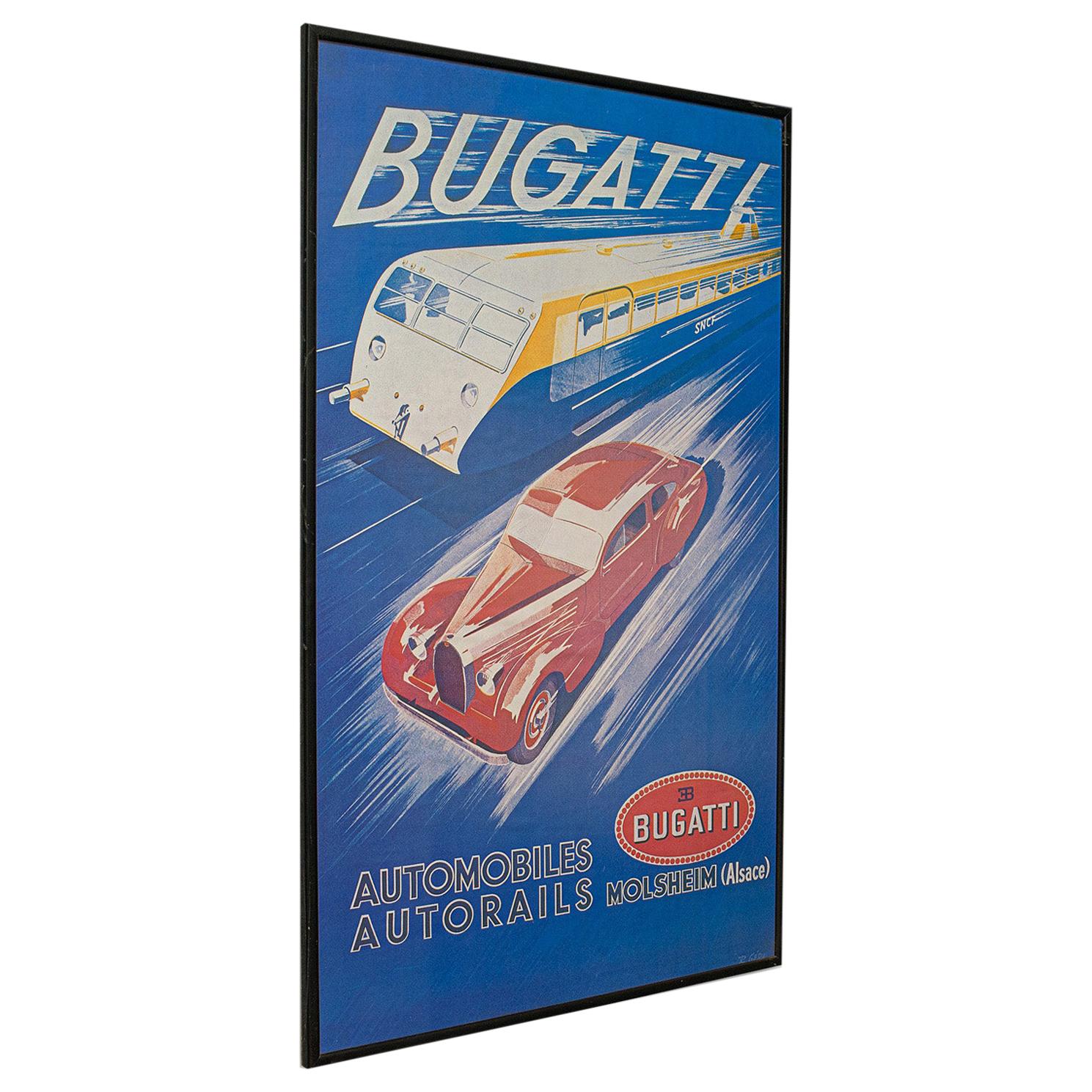 Vintage Bugatti Poster, French, Framed, Advertisement, Lithograph, Art Deco