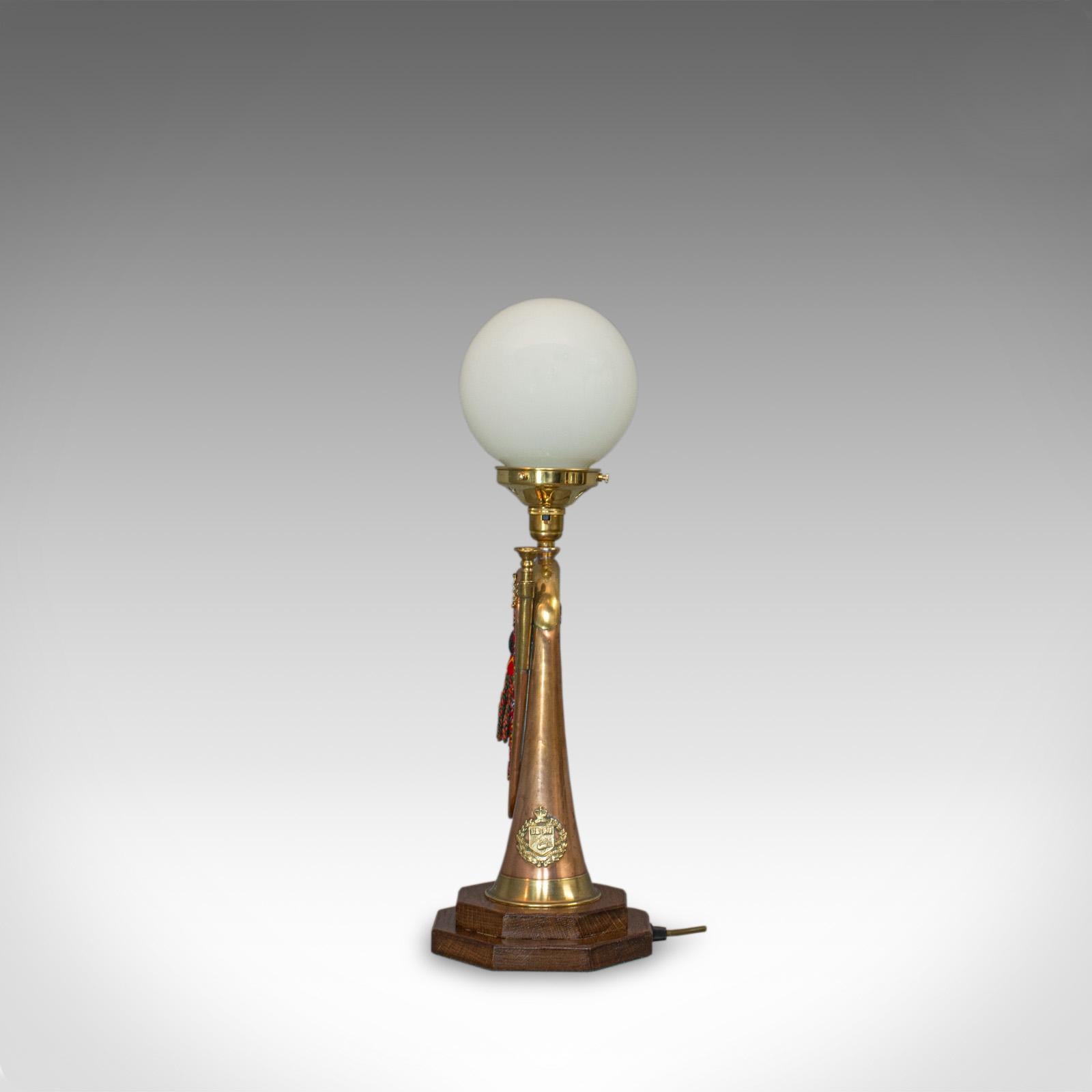 Bohemian Vintage Bugle Lamp, English, Copper, Oak, Military, Bespoke, Table Light