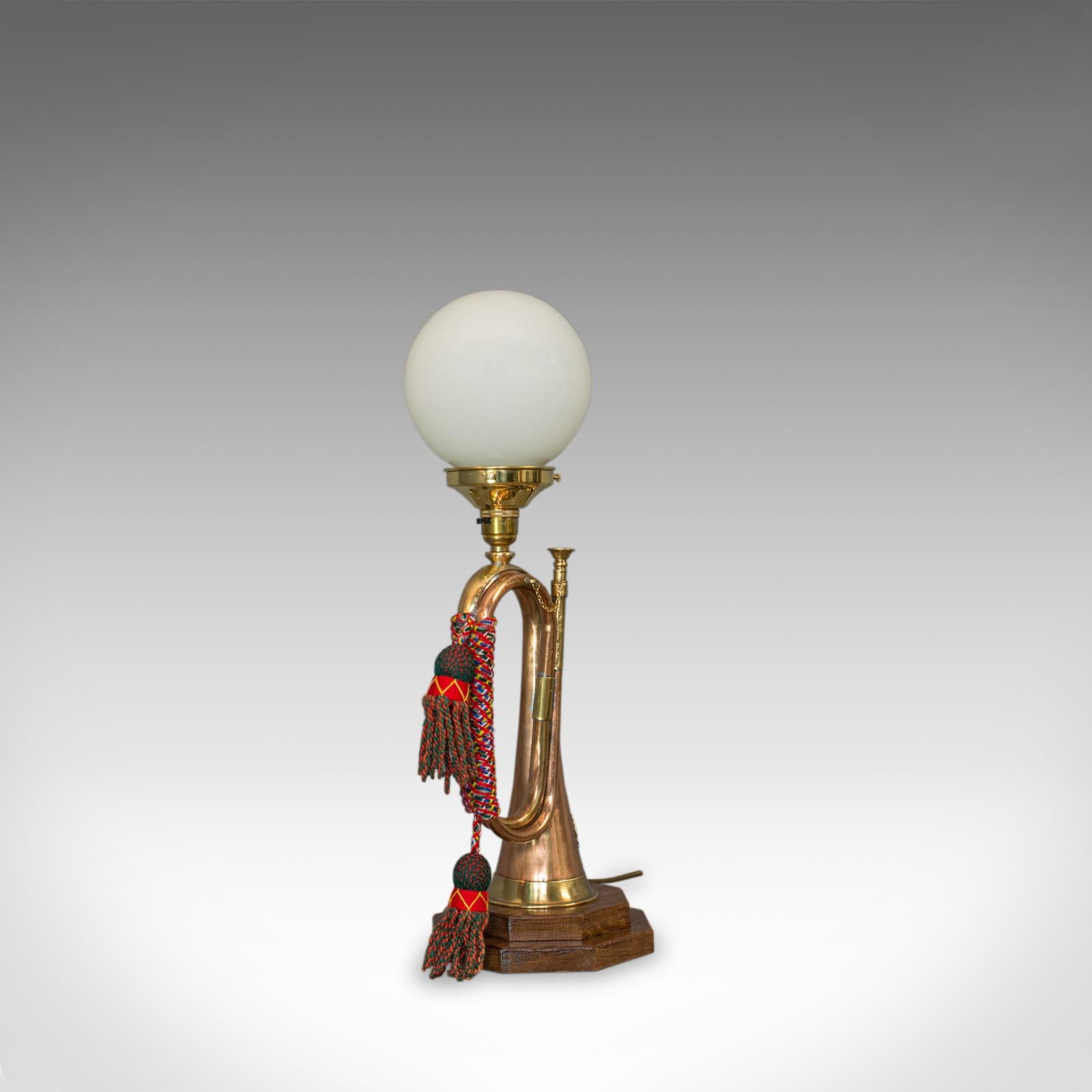 20th Century Vintage Bugle Lamp, English, Copper, Oak, Military, Bespoke, Table Light