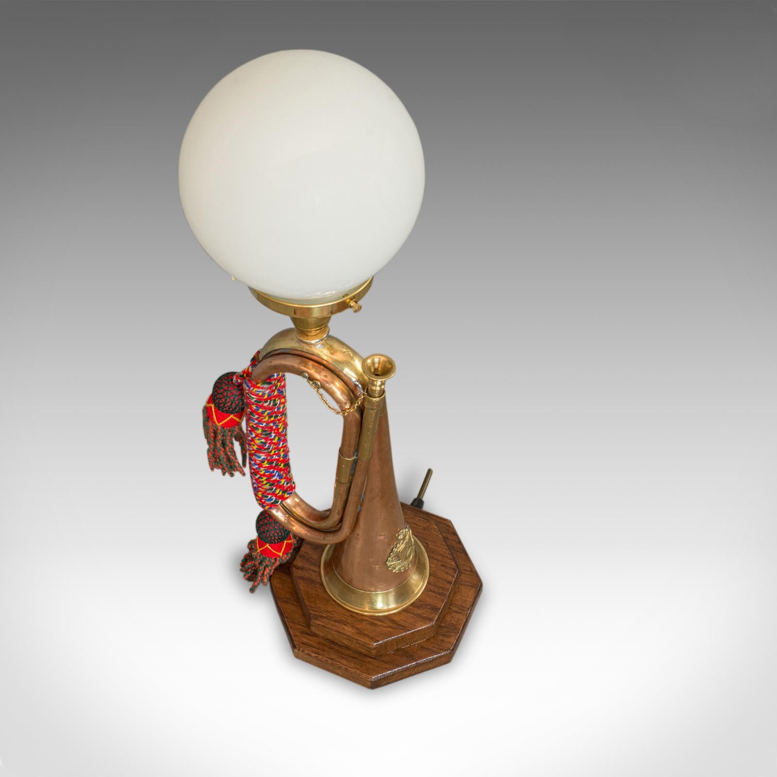 Vintage Bugle Lamp, English, Copper, Oak, Military, Bespoke, Table Light 1