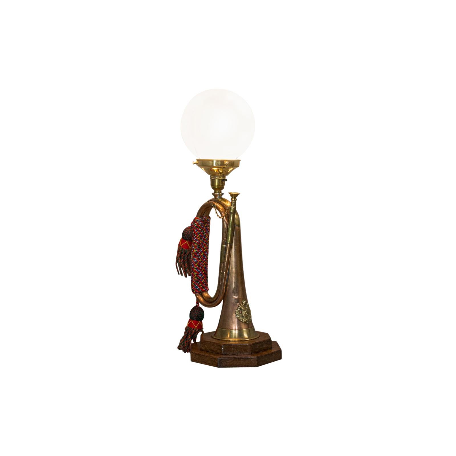 Vintage Bugle Lamp, English, Copper, Oak, Military, Bespoke, Table Light
