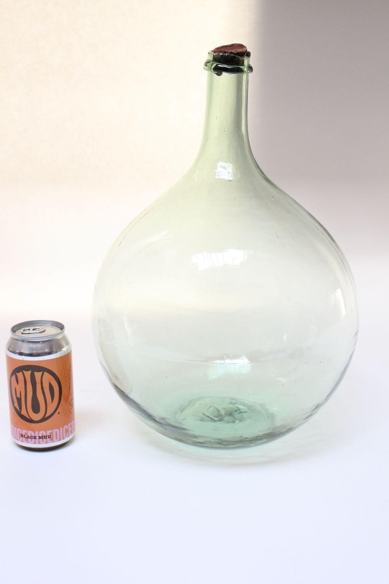 French Vintage Bulbous-Form Light Green Demijohn with Cork Stopper For Sale