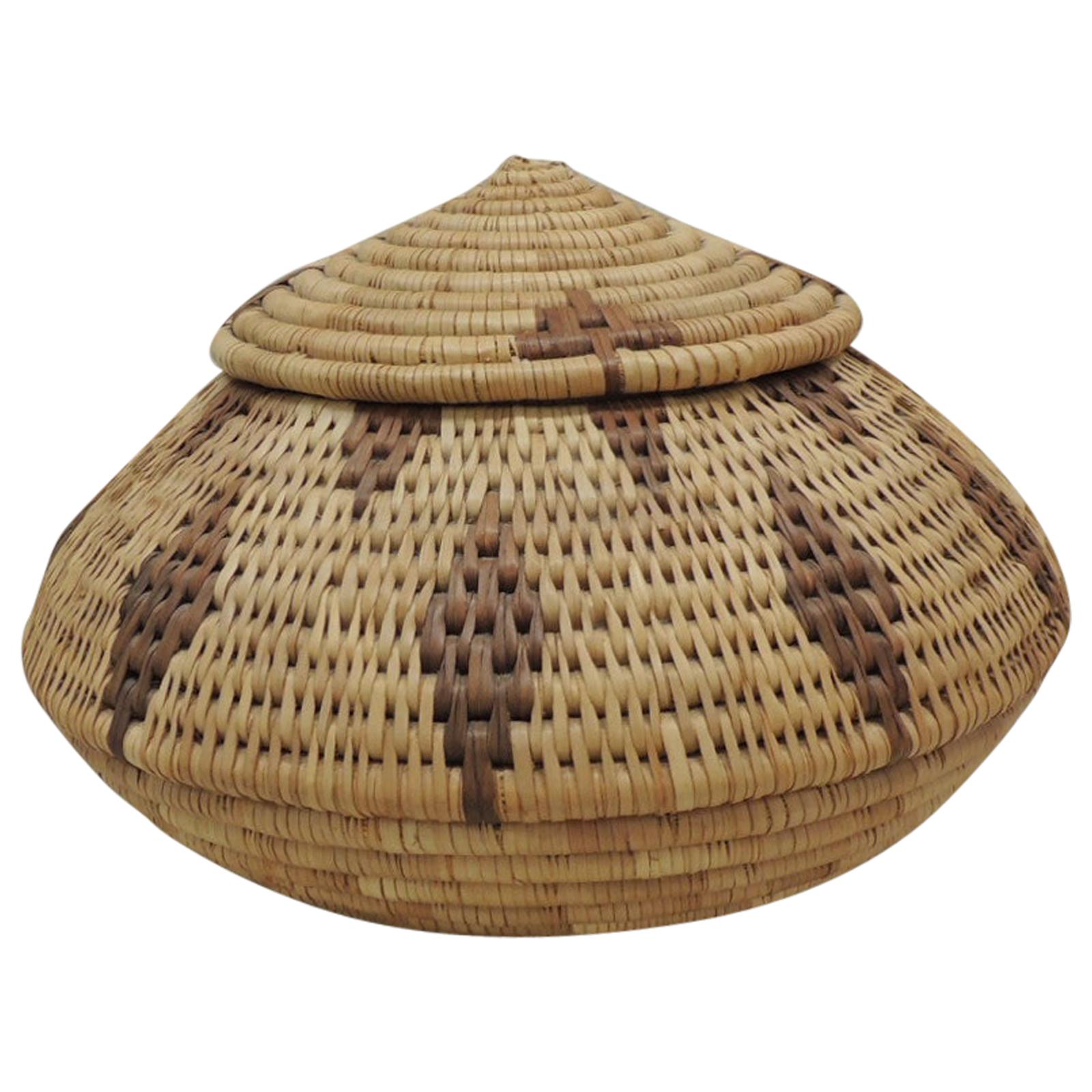 Vintage Bulbous Shape Tribal Pattern Decorative Basket with Lid