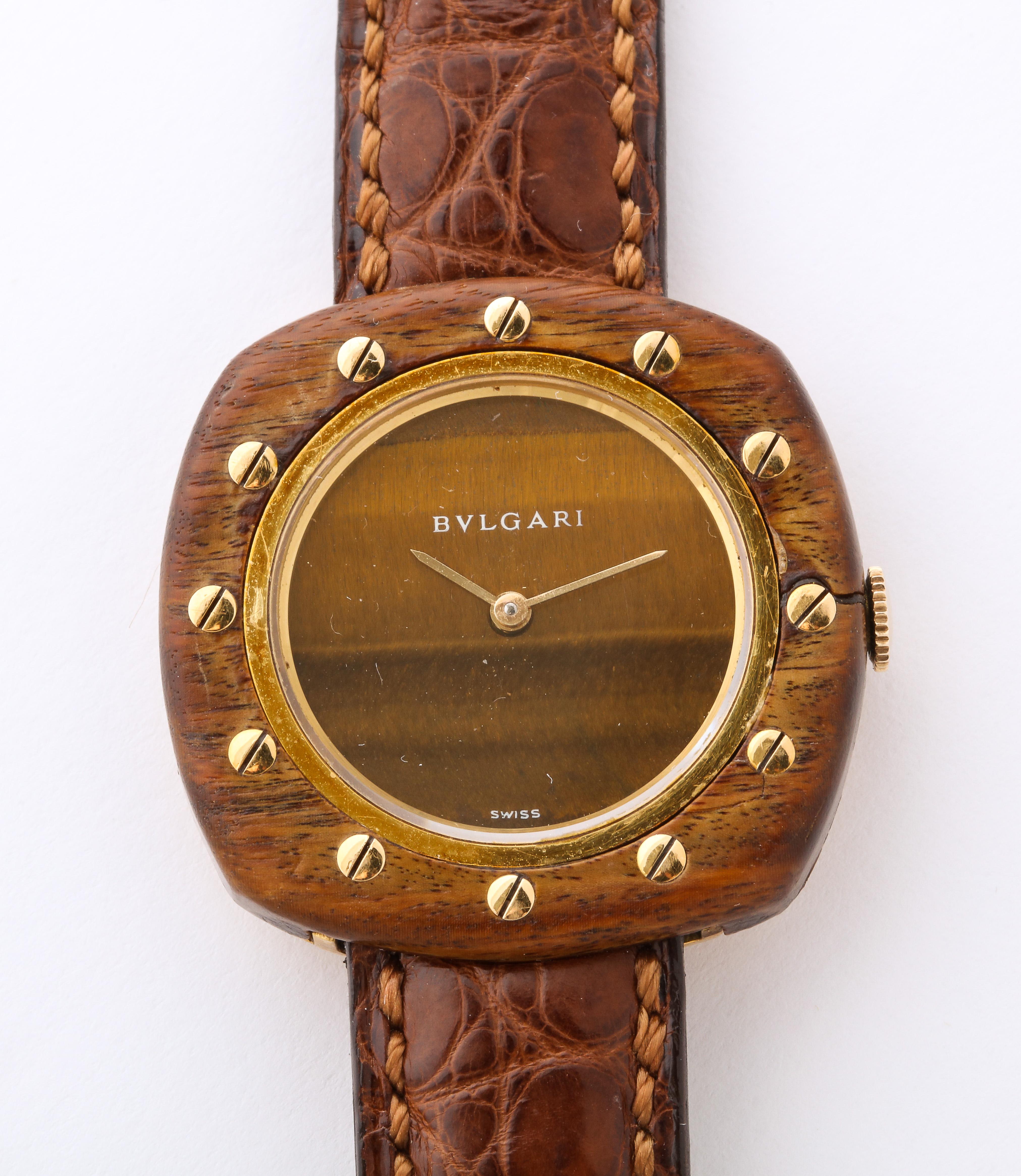 Vintage Bulgari 18 Karat Gold and Wood Wristwatch, circa 1970 1
