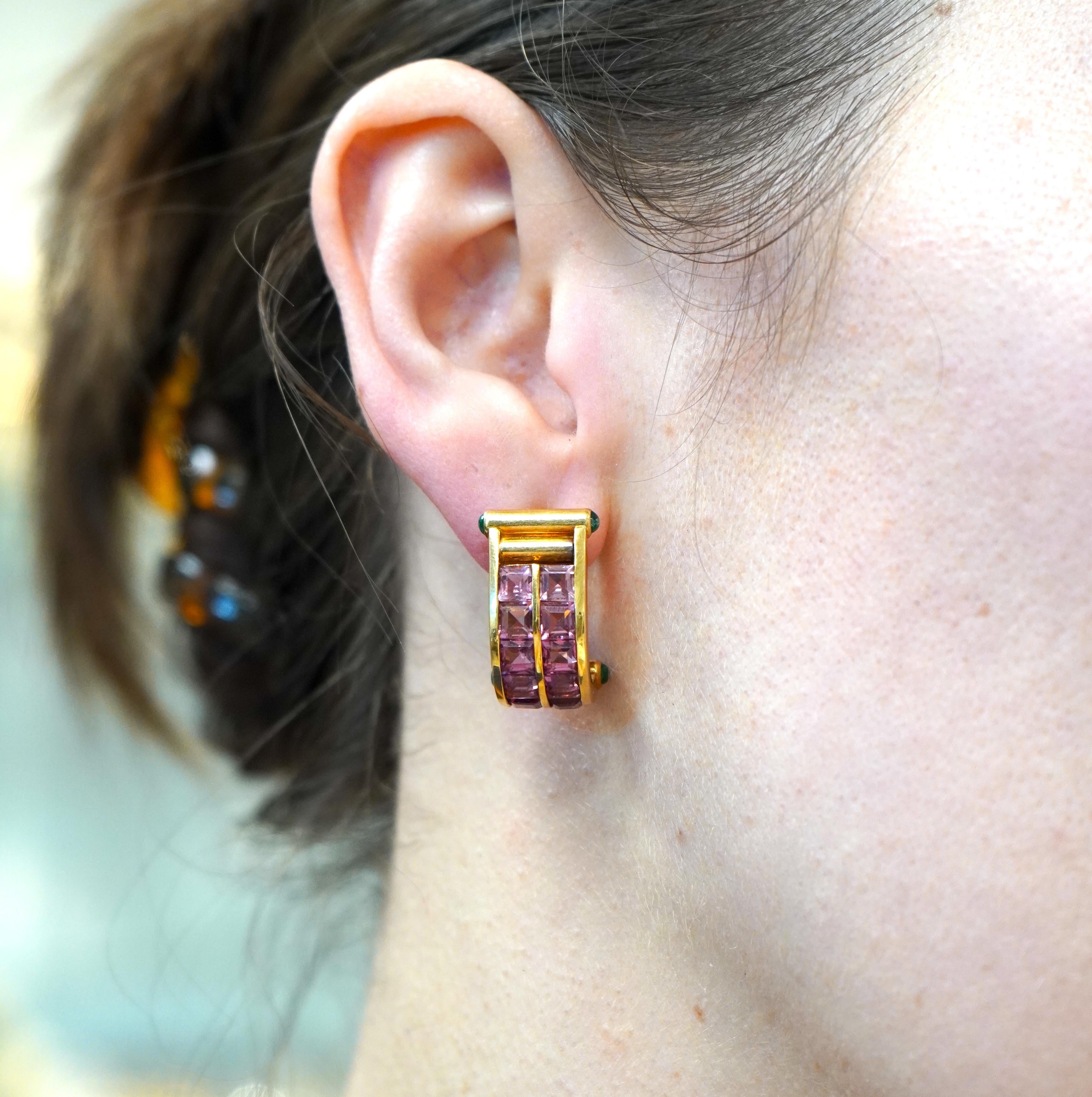 This pair of vintage Bvlgari earrings from the 1980s embodies the brand’s classic luxury and elegance. Crafted from 18k gold, each earring features two rows of square-cut pink tourmalines that add a vibrant pop of color. The tourmalines are