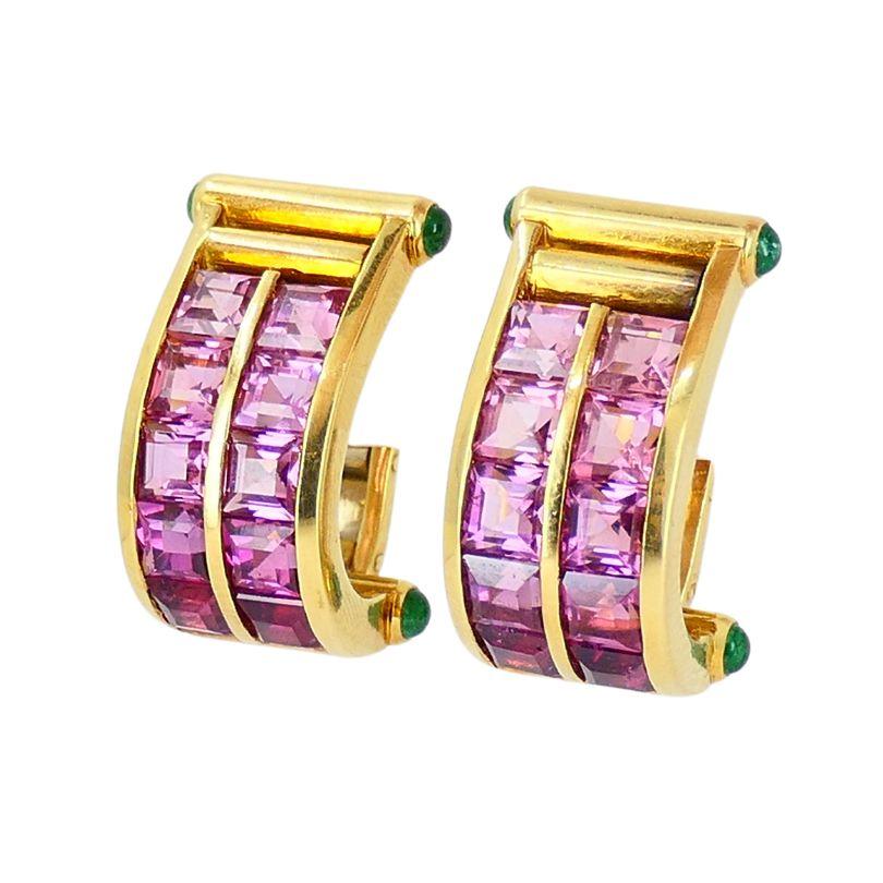 Cabochon Vintage Bvlgari 18k Gold Emerald Pink Tourmaline Earrings