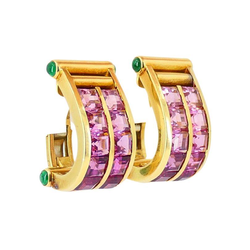 Vintage Bvlgari 18k Gold Emerald Pink Tourmaline Earrings In Good Condition In Beverly Hills, CA