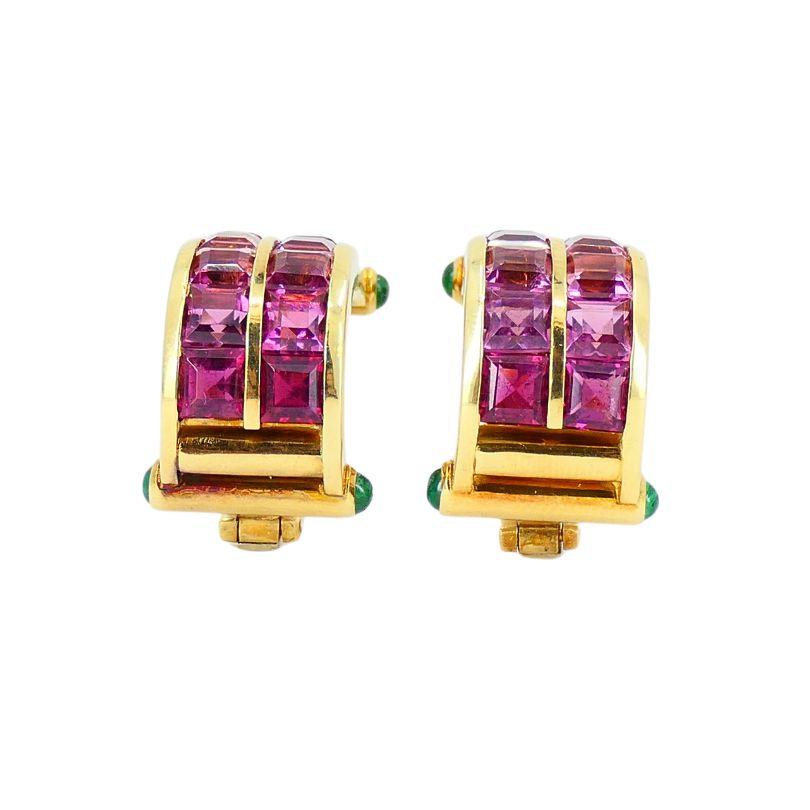 Women's Vintage Bvlgari 18k Gold Emerald Pink Tourmaline Earrings