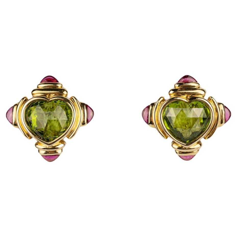 Vintage Bulgari 18k Gold Heart Shaped Peridot and Cabochon Tourmaline Earrings