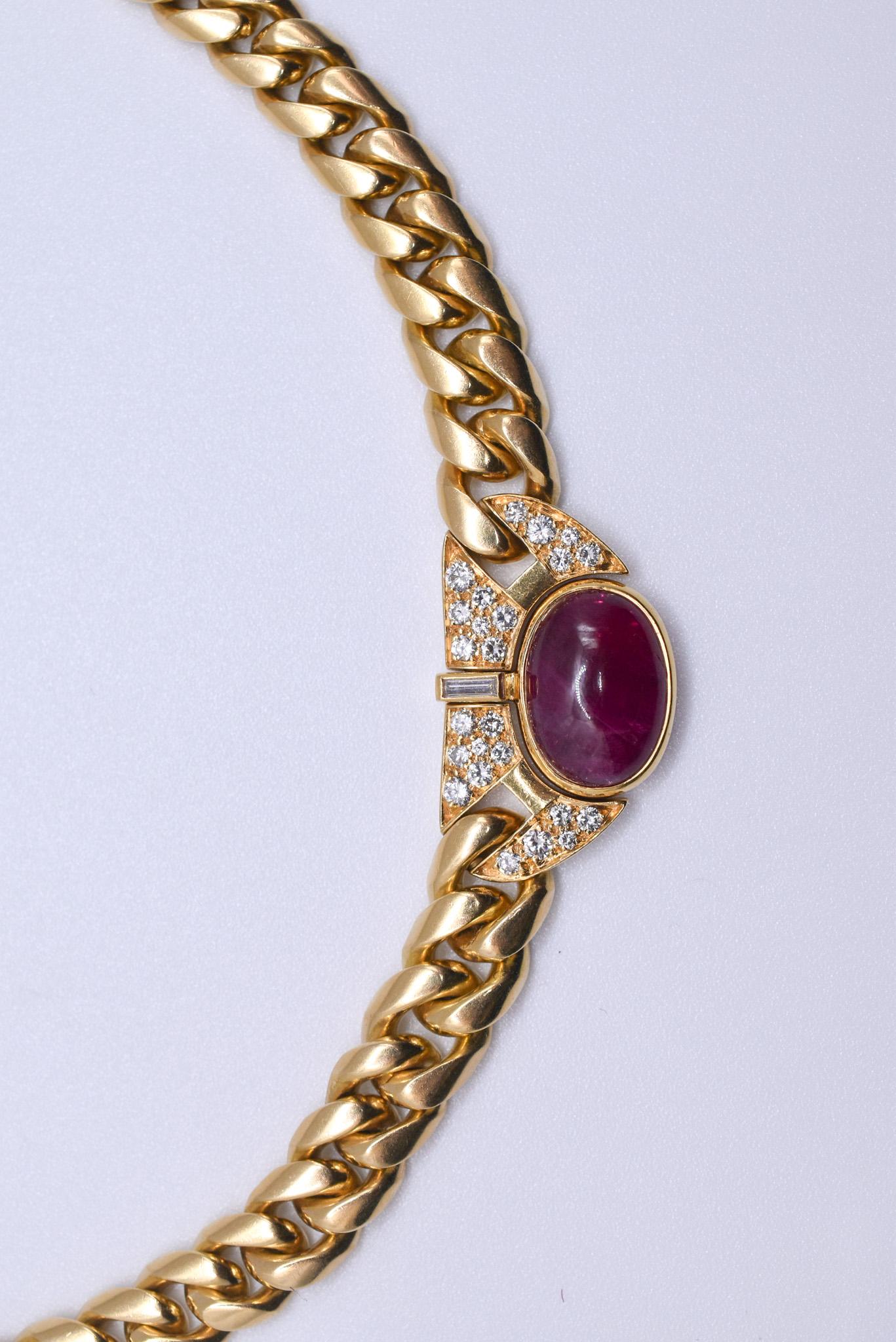 Cabochon Vintage Bulgari 18k Gold Ruby and Diamond Chain Necklace