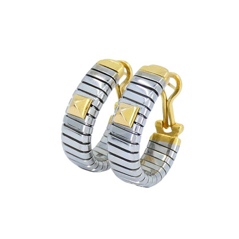 Vintage Bvlgari 18k Gold Stainless Steel Tubogas Hoop Earrings In Excellent Condition For Sale In Beverly Hills, CA