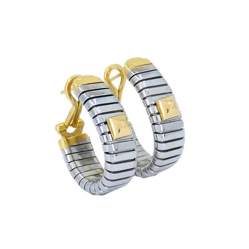 Women's Vintage Bvlgari 18k Gold Stainless Steel Tubogas Hoop Earrings For Sale