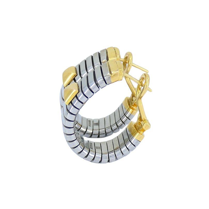 Vintage Bvlgari 18k Gold Stainless Steel Tubogas Hoop Earrings For Sale 1