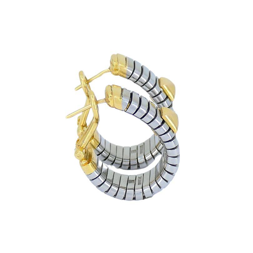 Vintage Bvlgari 18k Gold Stainless Steel Tubogas Hoop Earrings For Sale 2