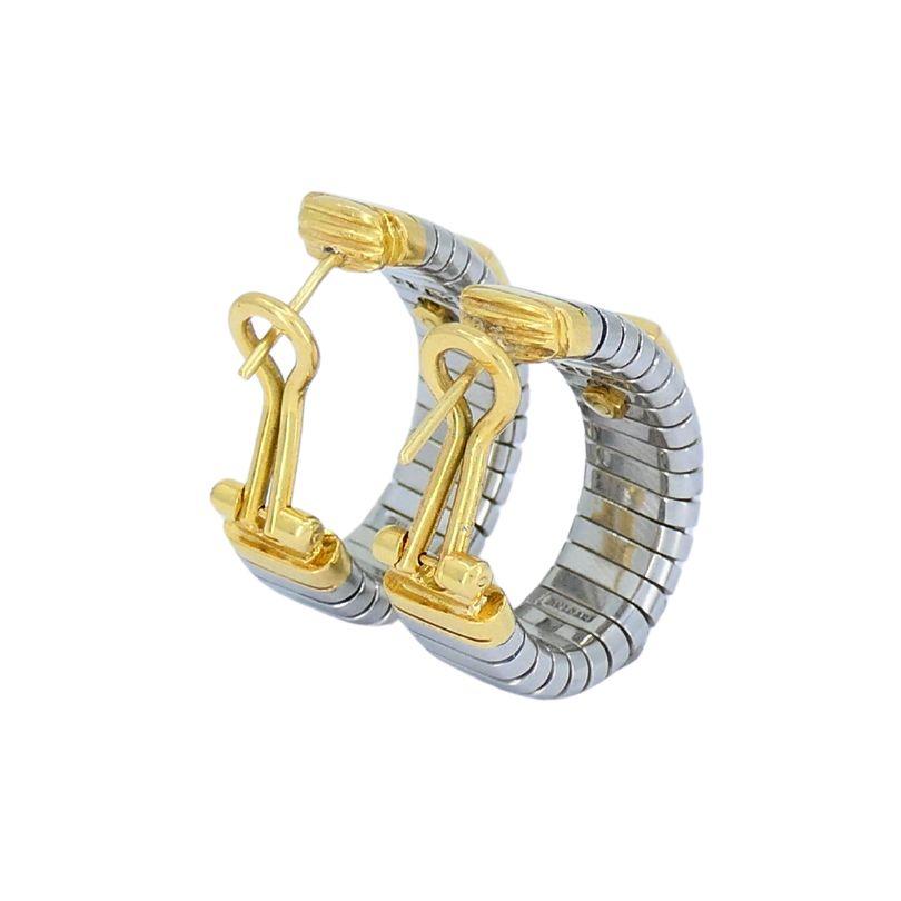 Vintage Bvlgari 18k Gold Stainless Steel Tubogas Hoop Earrings For Sale 3