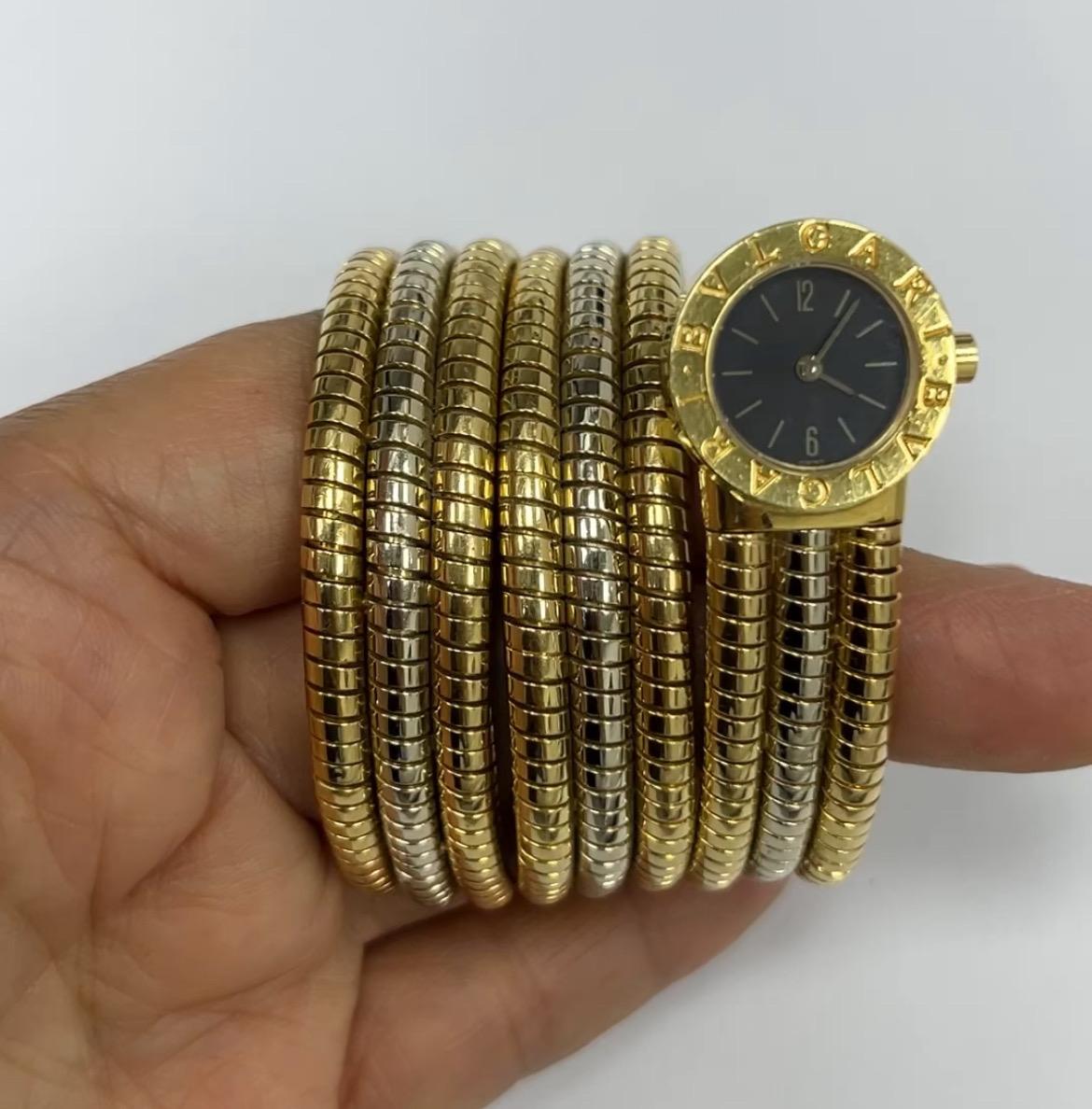 1980' Bulgari 18K yellow gold and white gold Serpenti Tubogas ladies watch with Black Dial
Marked :  BVLGARI 750 BB 19 1T P.7885 FABRIQUE EN SUISSE gold marks and Hallmarks
Weight : 142.2 g
Case : 19 x 19 mm
Movement : Quartz
