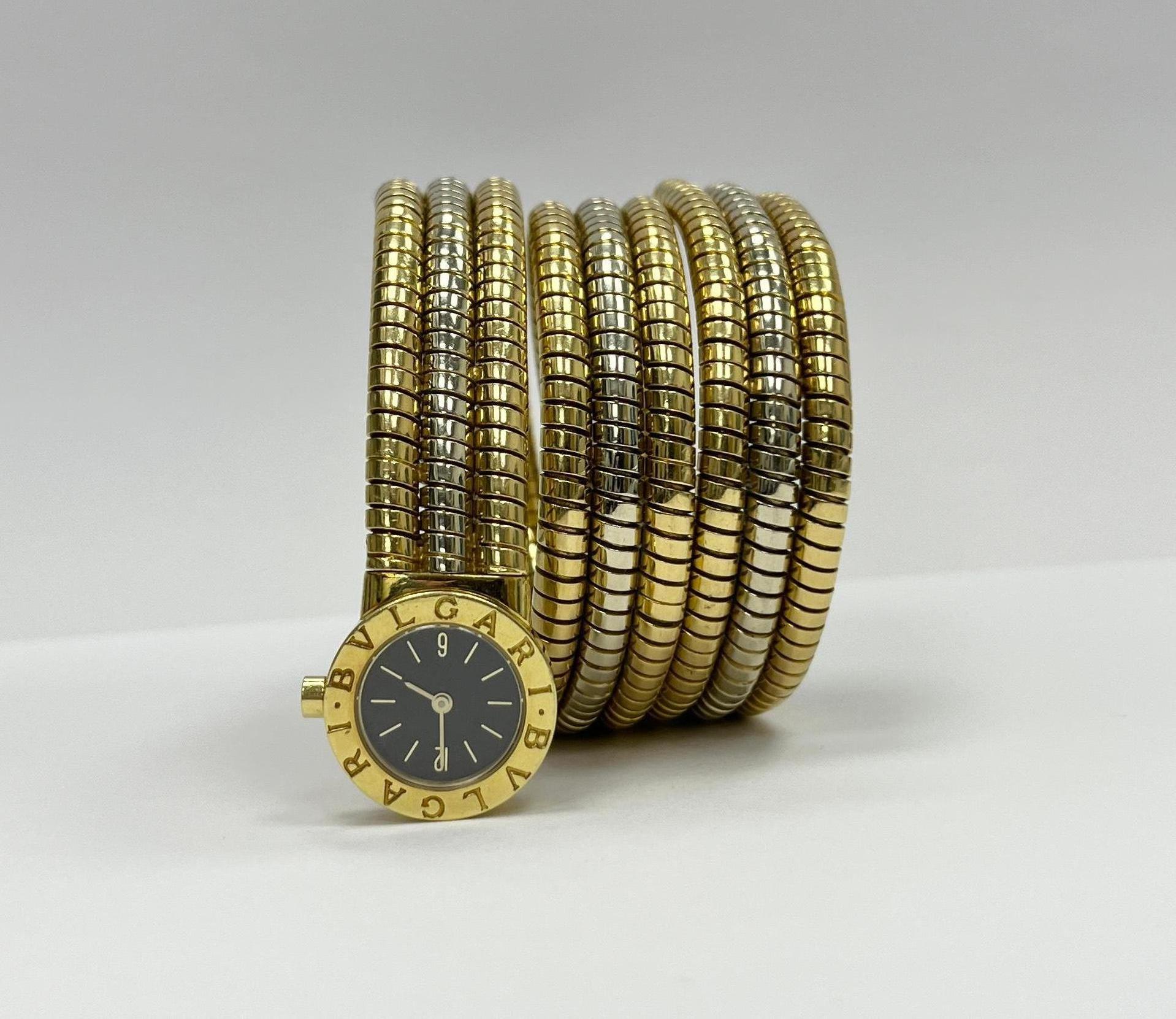 Modern Bulgari Tubogas White Yellow Gold Wrap Bracelet Watch BB191T For Sale
