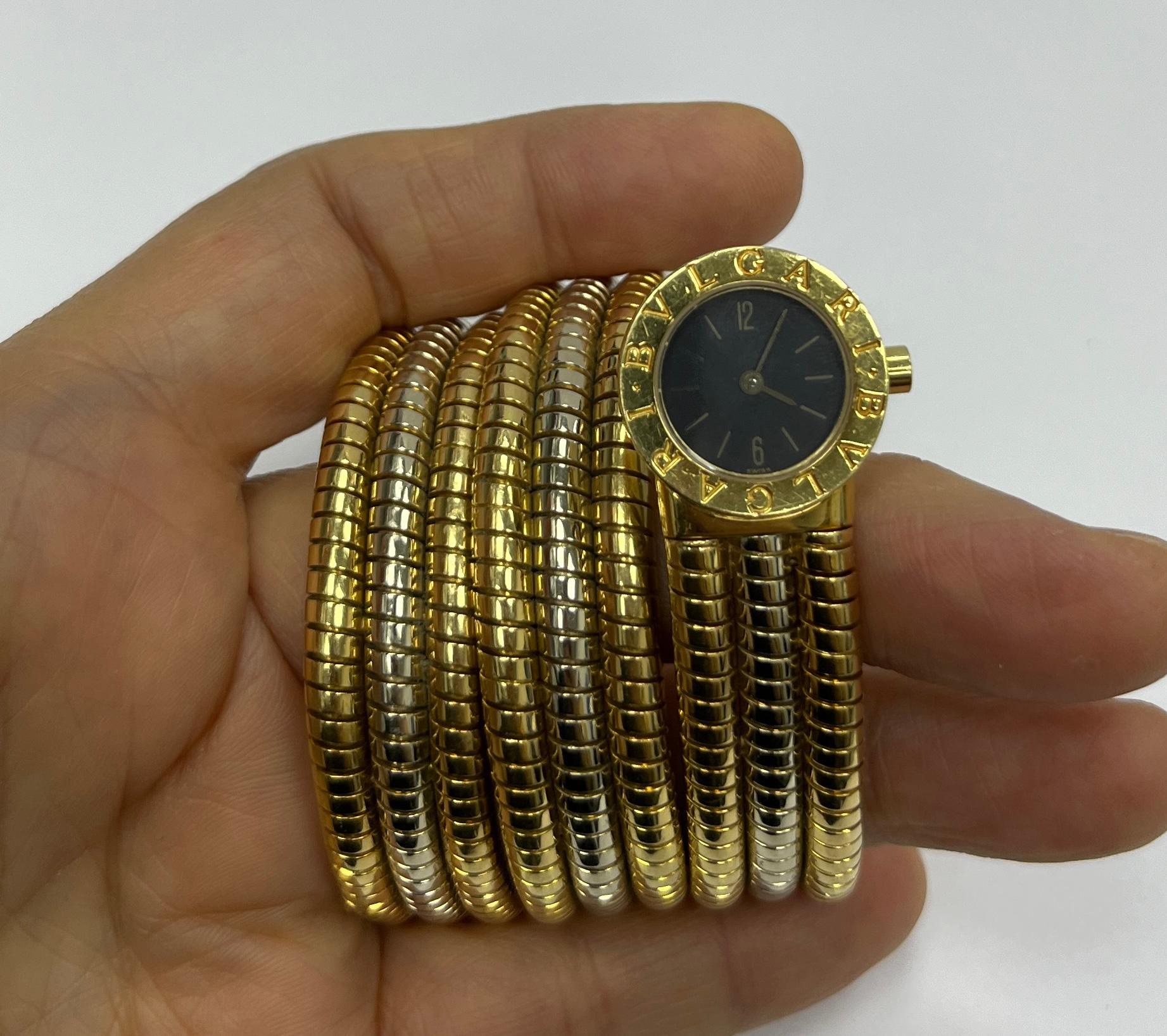 Women's Bulgari Tubogas White Yellow Gold Wrap Bracelet Watch BB191T For Sale