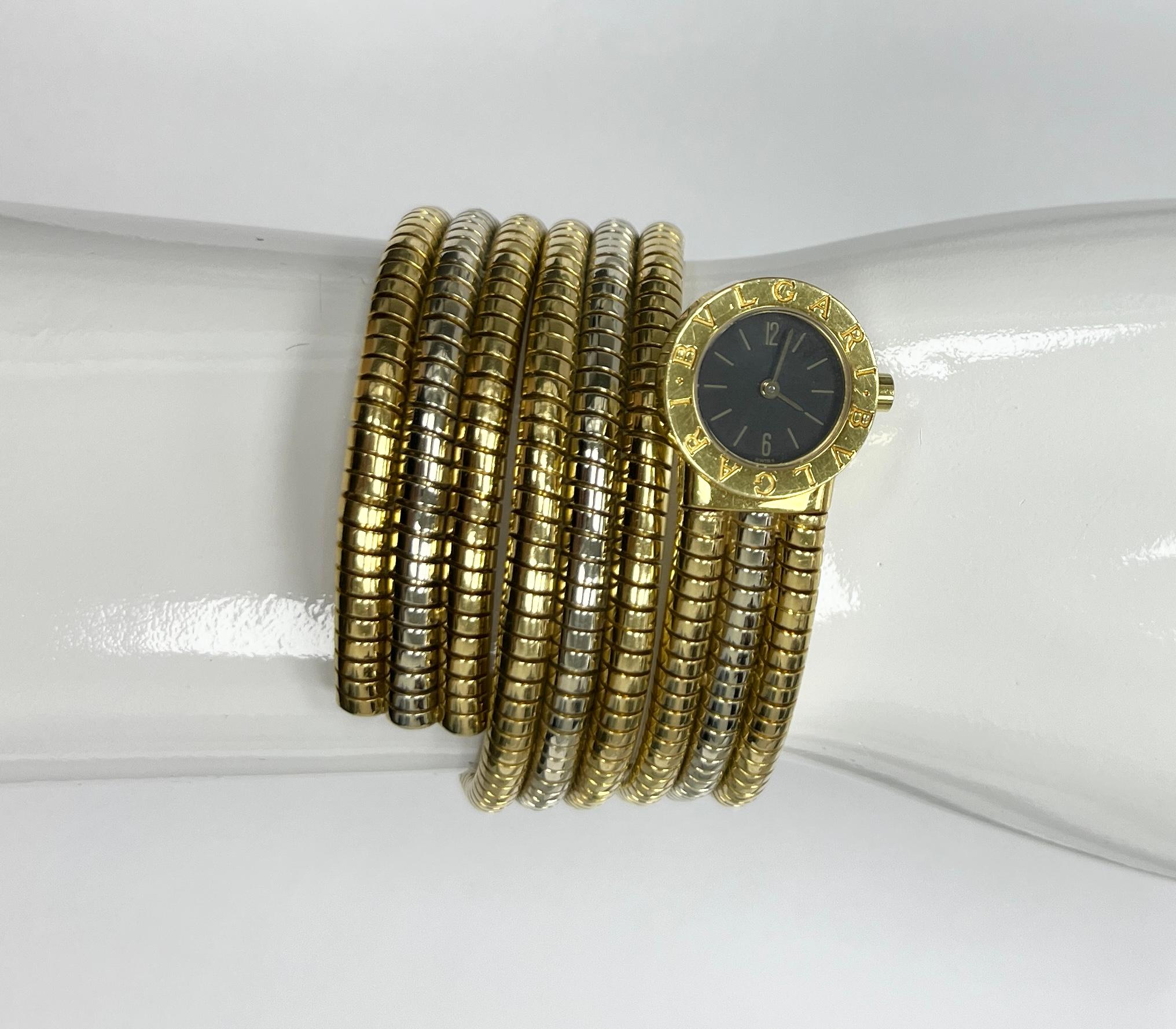 Bulgari Tubogas White Yellow Gold Wrap Bracelet Watch BB191T For Sale 4