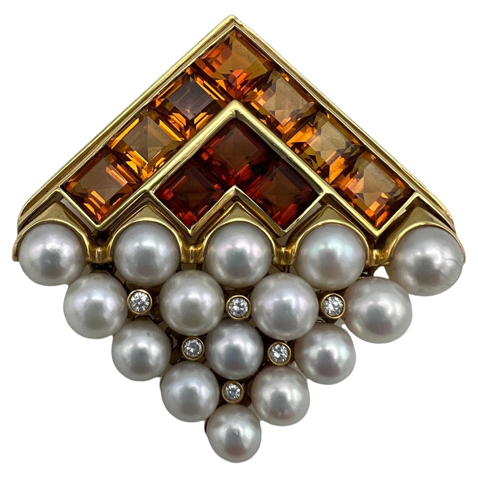 Bulgari Vintage Anstecknadelbrosche, 18 Karat Gelbgold, Citrin, Perle & Diamant 