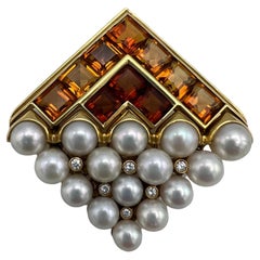 Vintage Bulgari 18K Yellow Gold, Citrine, Pearl & Diamond Pin Brooch 