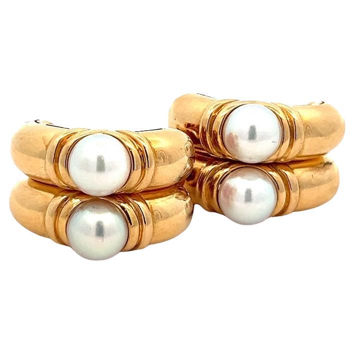 Vintage Bulgari Cultured Pearl  18K Yellow Gold Double Hoop Earrings