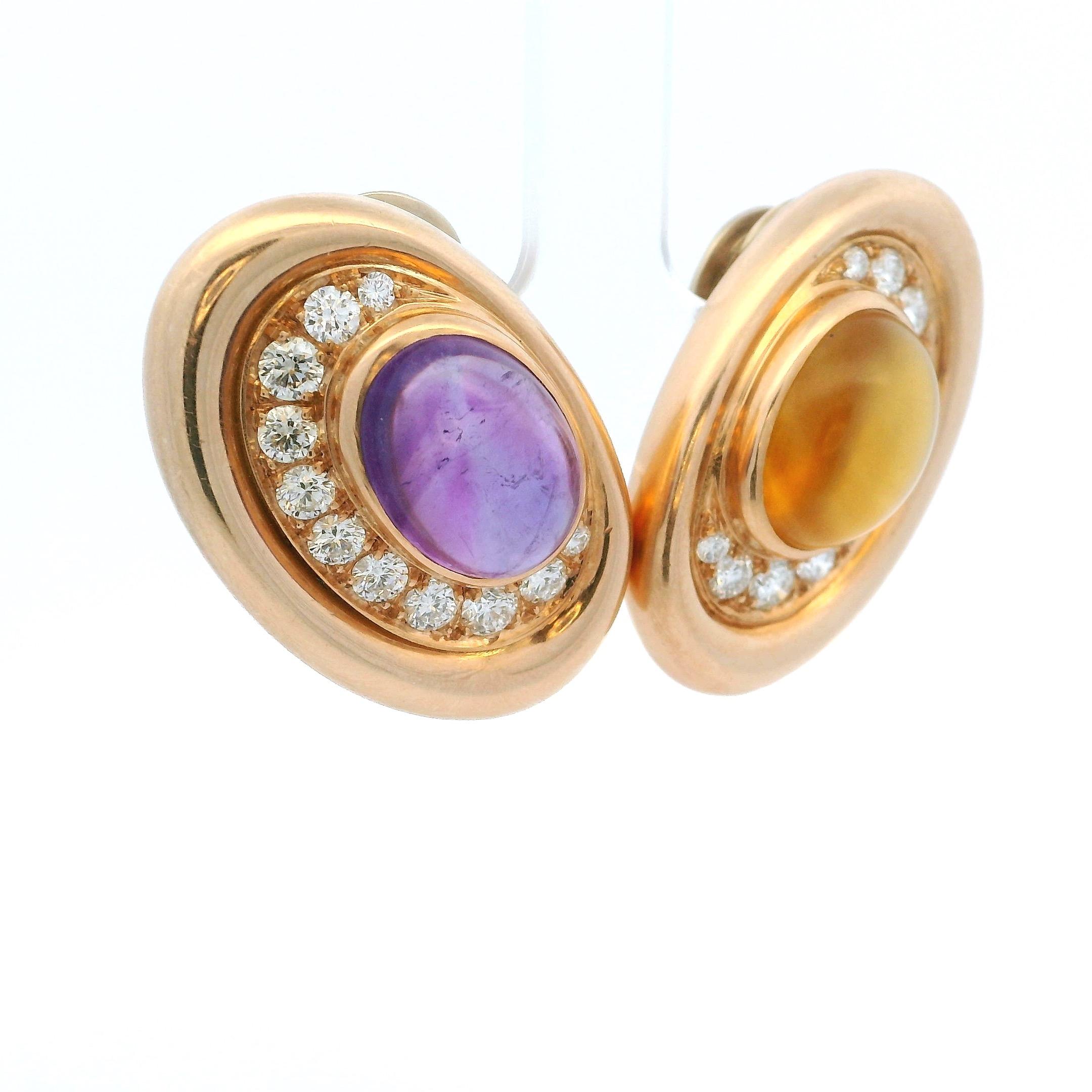 Pendientes Vintage Bulgari 1975 Oro 18K Amatista, Citrino y Diamantes Retro en venta