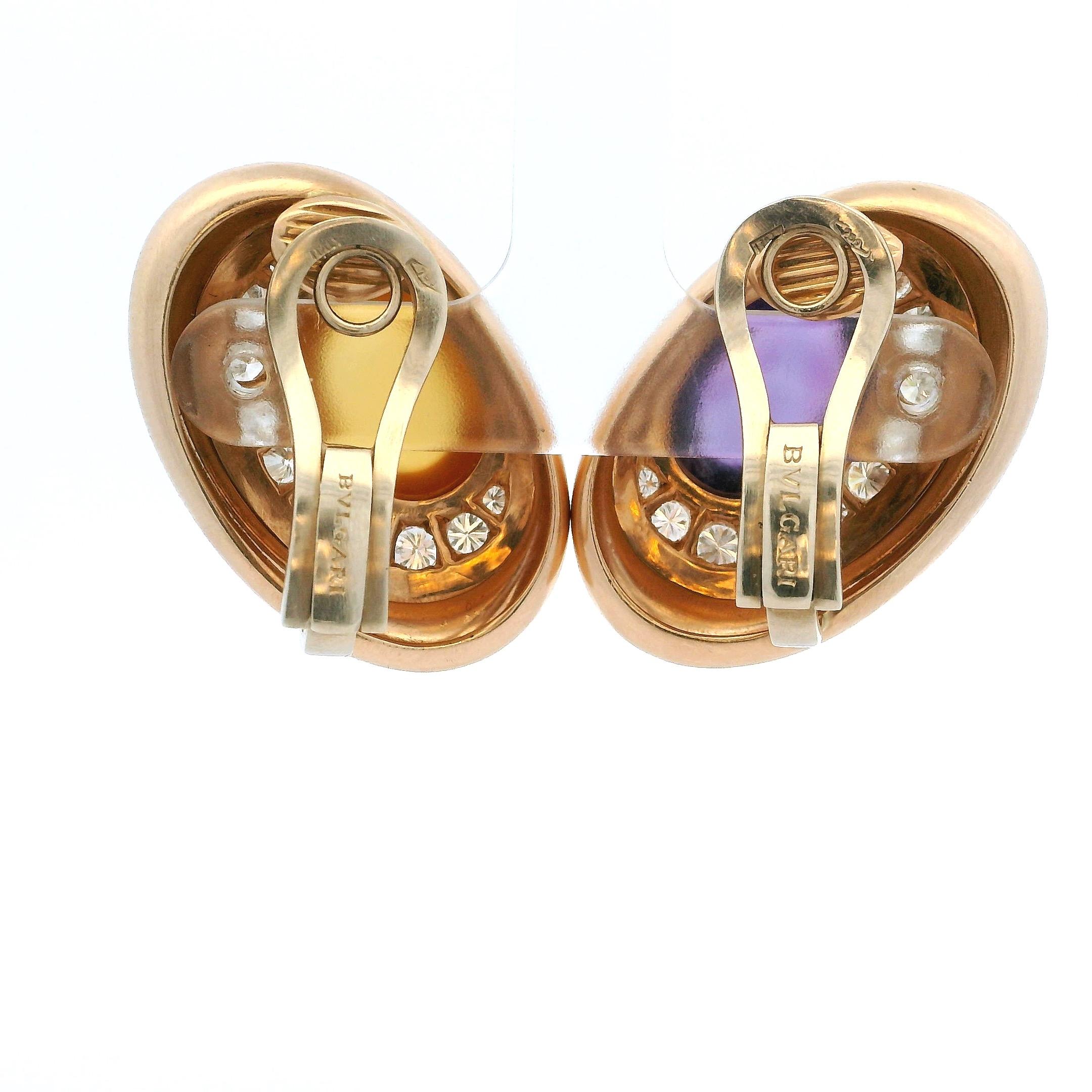 Pendientes Vintage Bulgari 1975 Oro 18K Amatista, Citrino y Diamantes Cabujón en venta