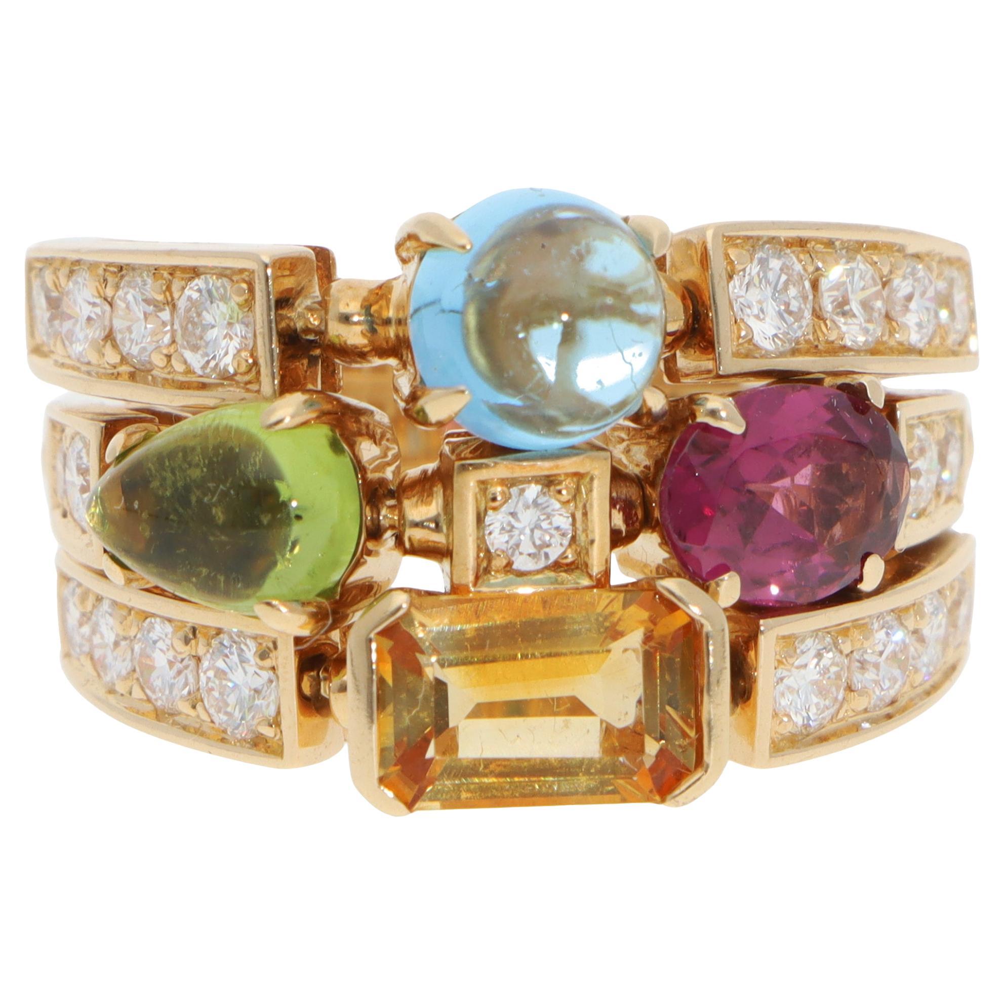 Vintage Bulgari Allegra Multi-Gemstones and Diamond Ring For Sale