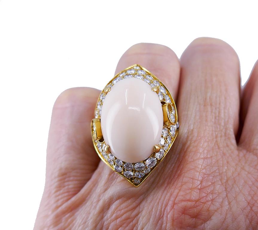 Vintage Bulgari Angel Skin Coral Diamond Ring 18k Gold 5