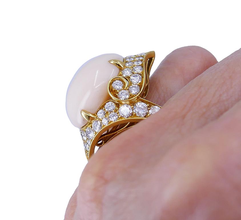 Round Cut Vintage Bulgari Angel Skin Coral Diamond Ring 18k Gold