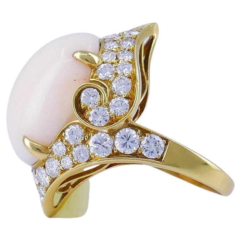 Women's Vintage Bulgari Angel Skin Coral Diamond Ring 18k Gold