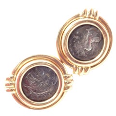 Vintage Bulgari Bvlgari Alexander The Great Coin Moneta Yellow Gold Earrings