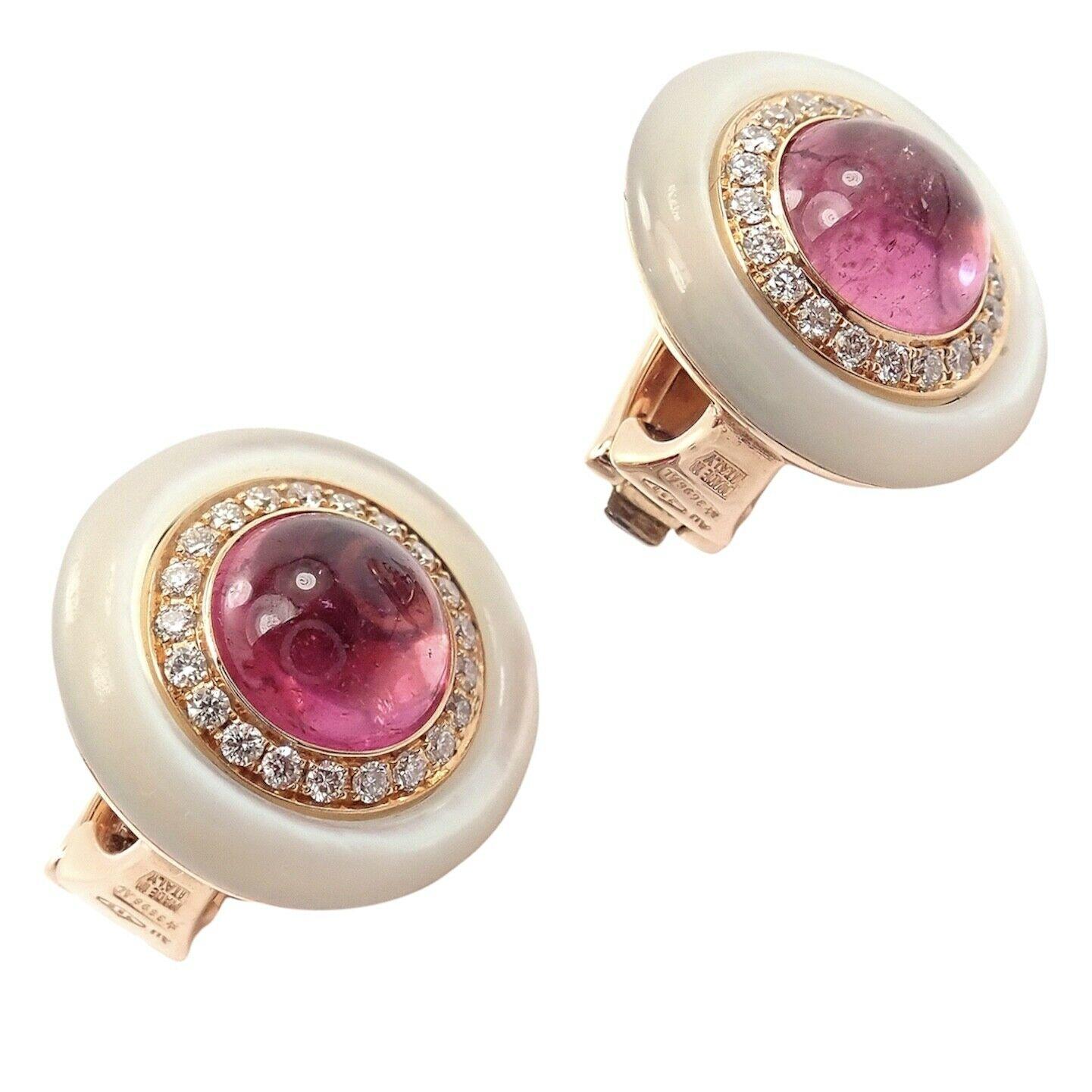 18k Yellow Gold Vintage Pink Tourmaline Diamond Mother Of Pearl Earrings by Bulgari. 
With 2x cabochon cut intense pink tourmalines - Each 7mm in size
2x circle cut mother of pearls - Each 15mm in size
40x round brilliant cut diamonds, VVS2