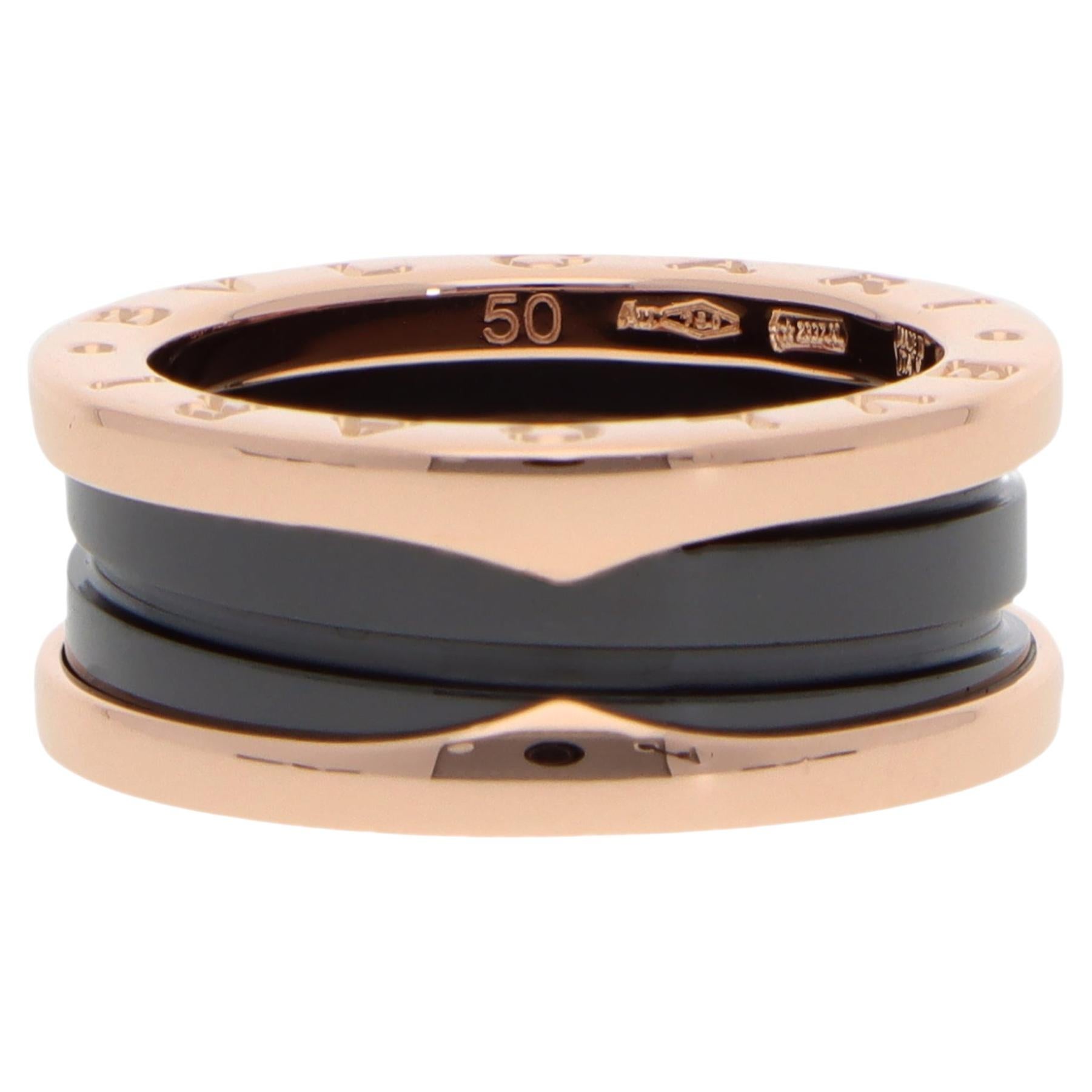 Vintage Bulgari B.zero1 Black Ceramic Two-Band Ring in Rose Gold, Size 50 For Sale