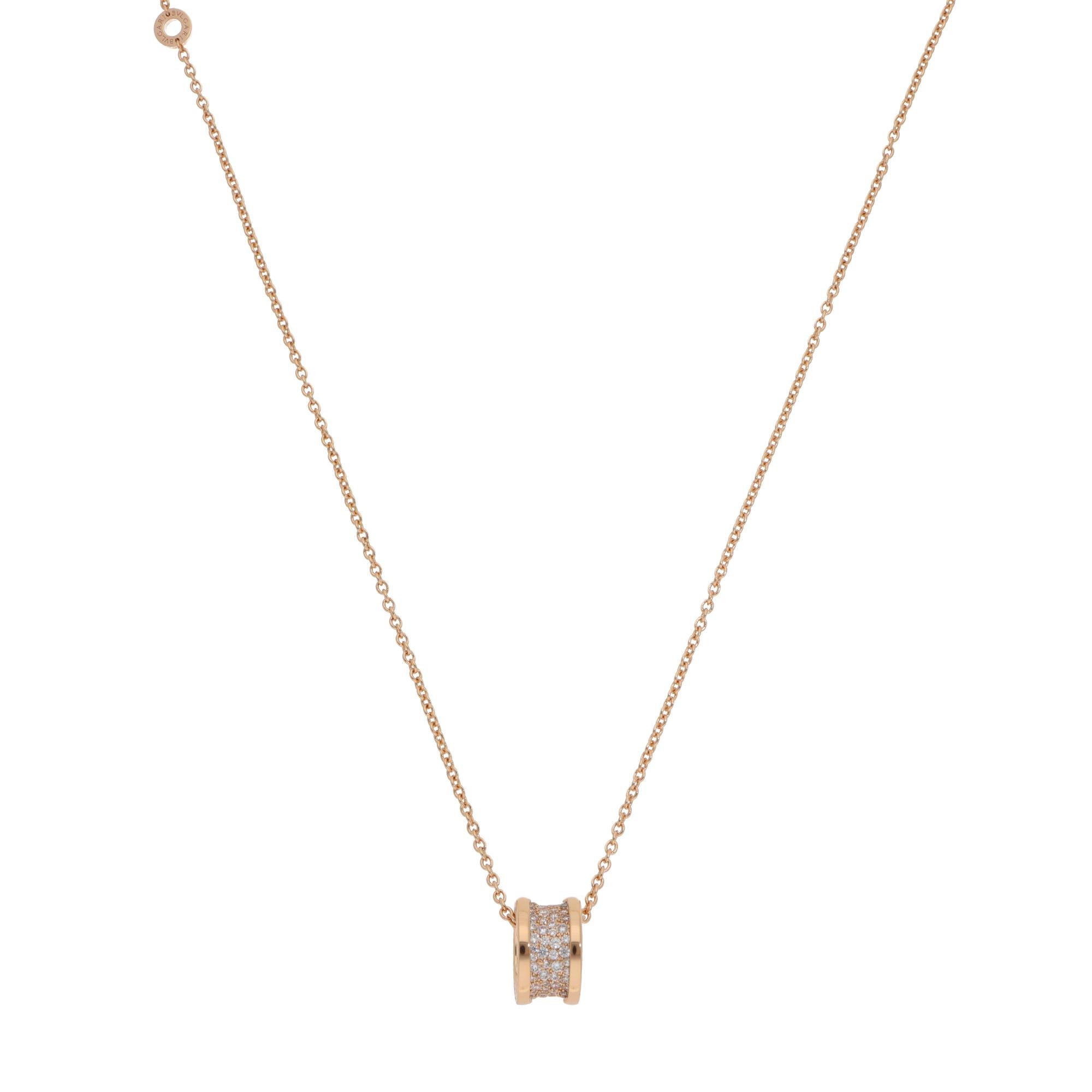 A beautiful vintage Bulgari B.zero1 pavé diamond necklace necklace set in 18k rose gold. 

From Bulgari's current collection, the necklace is set with 101 round brilliant-cut diamonds, all of which are spiral set within the iconic B.Zero1 band