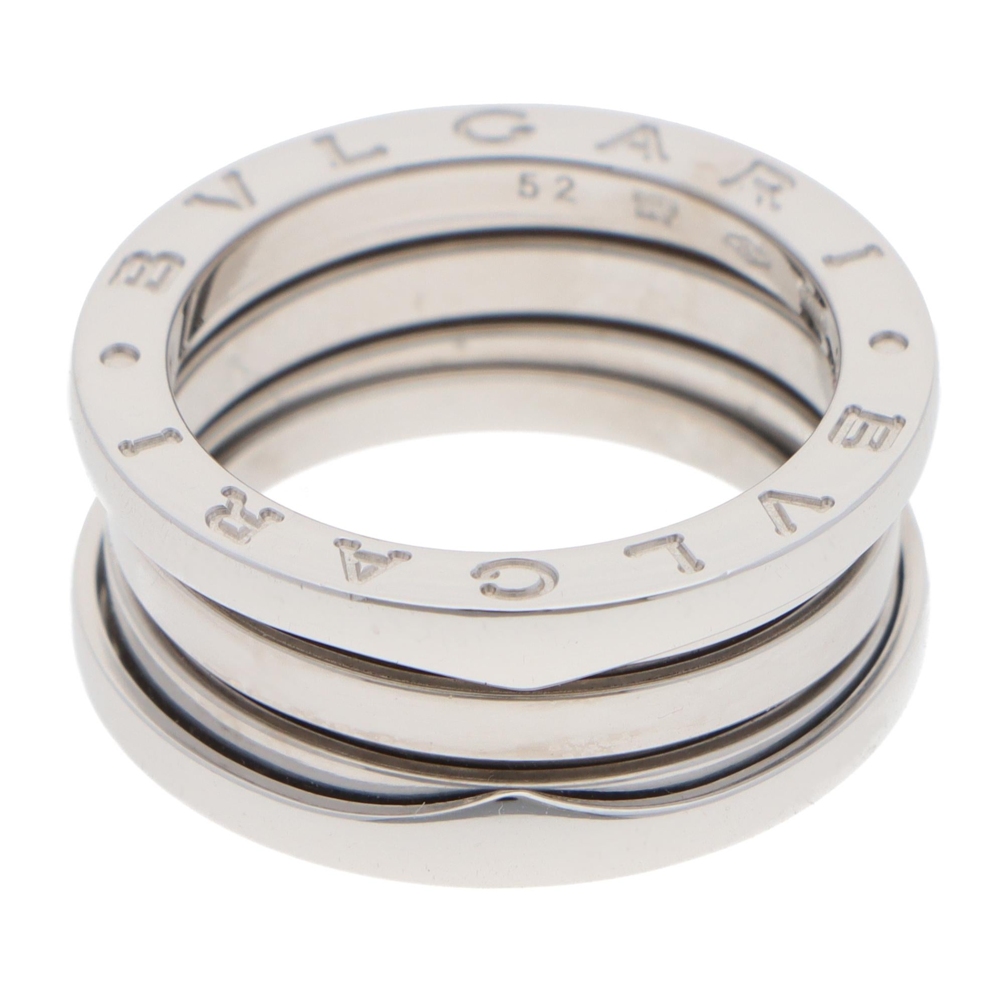 A classic vintage Bulgari B.zero1 three-band ring set in 18k white gold. 

The ring is the iconic B.Zero1 band design. Bulgari's distinctive spiral takes inspiration from the world's most renowned amphitheatre – the Colosseum. Its spiral flexible