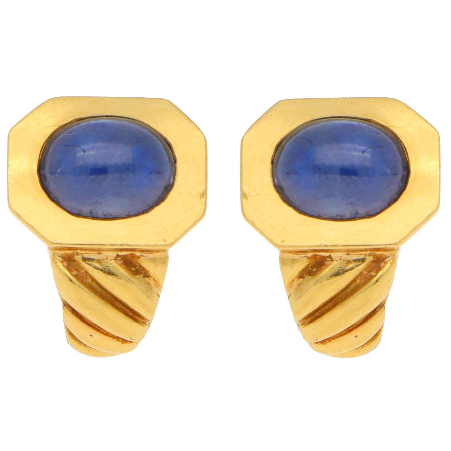 Vintage Bulgari Cabochon Sapphire Clip Earrings in 18K Yellow Gold