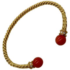 Vintage Bulgari Coral Bead and Diamond Yellow Gold Bracelet
