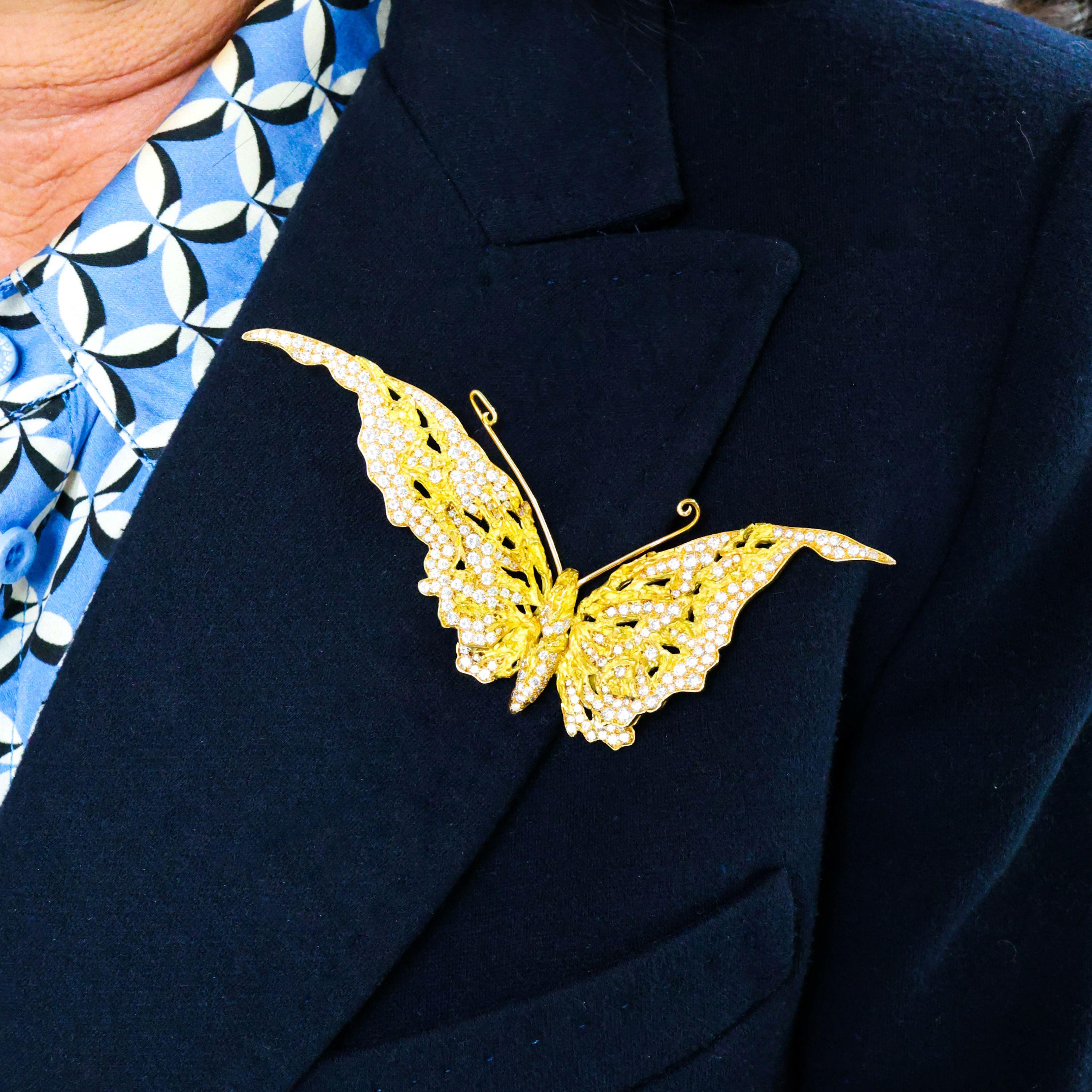 A vintage Bulgari diamond and gold butterfly brooch, pavé set with round brilliant-cut diamonds, with a gold nugget or bark finish, with polished antennae, signed BVGARI, on the polished back, with a French eagle head mark for 18ct gold and a