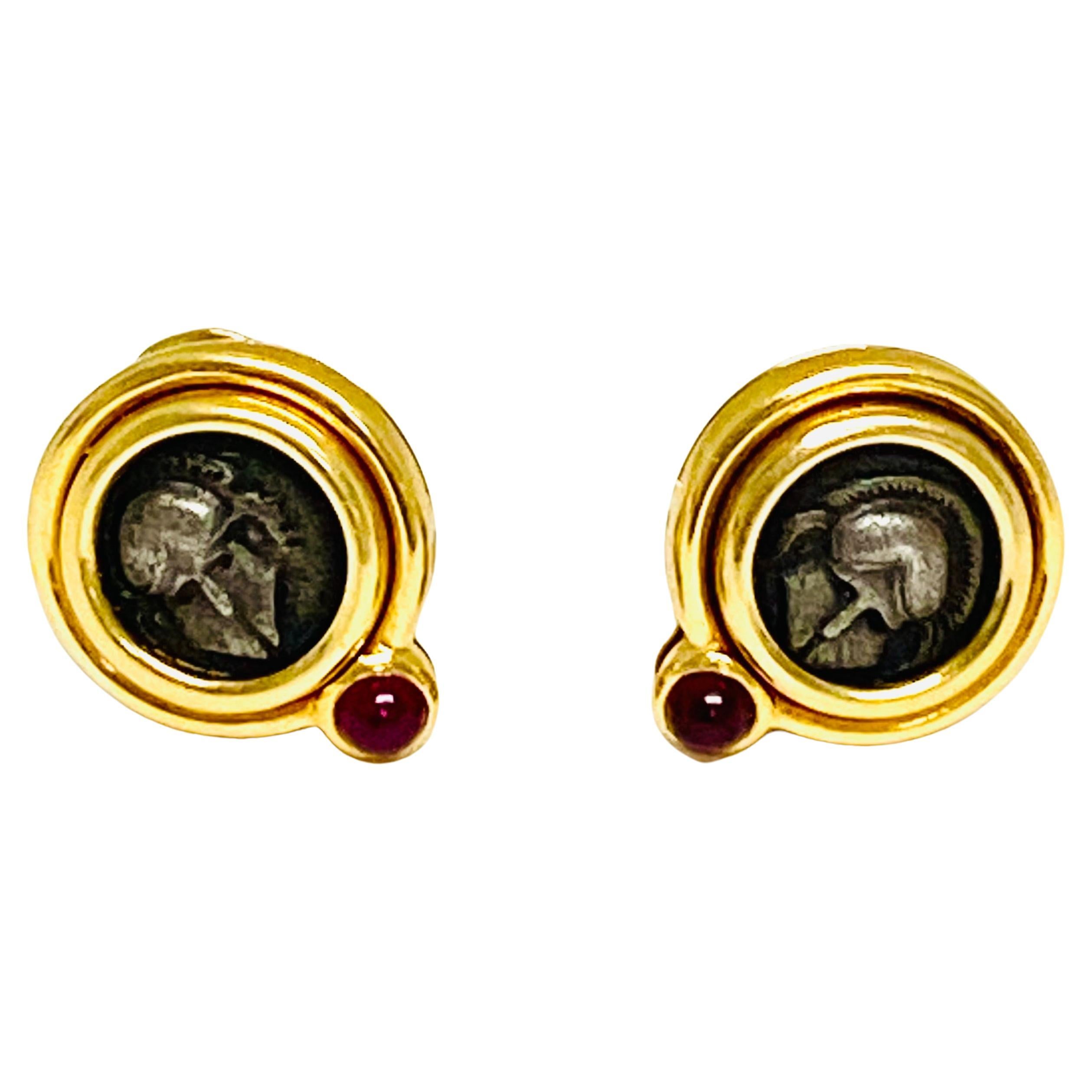 Cabochon Vintage Bvlgari Earrings Monete Ancient Coins Gold Ruby