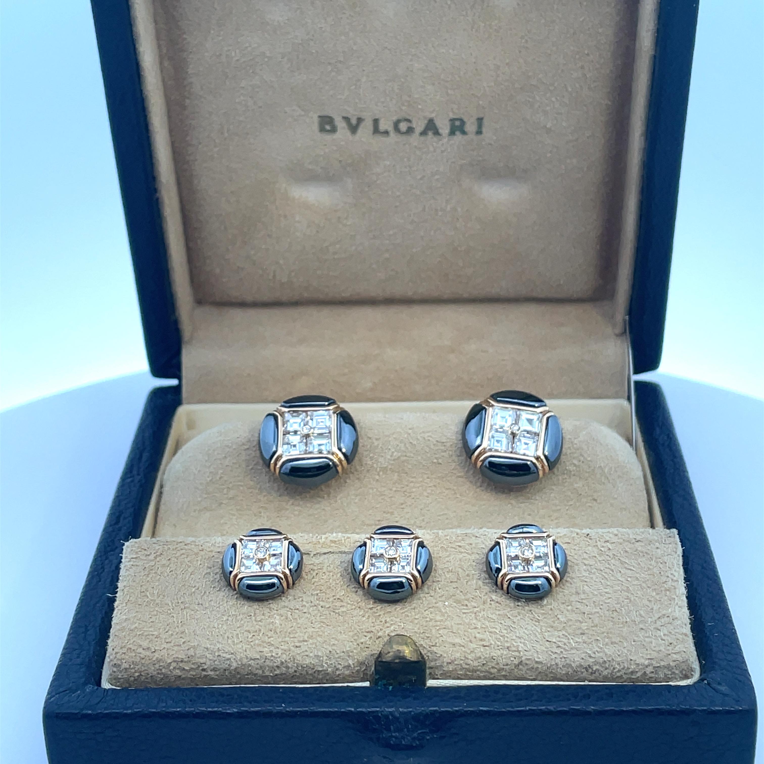 Baguette Cut Vintage Bulgari Gold Hematite and Diamonds Dress Set Cufflinks For Sale