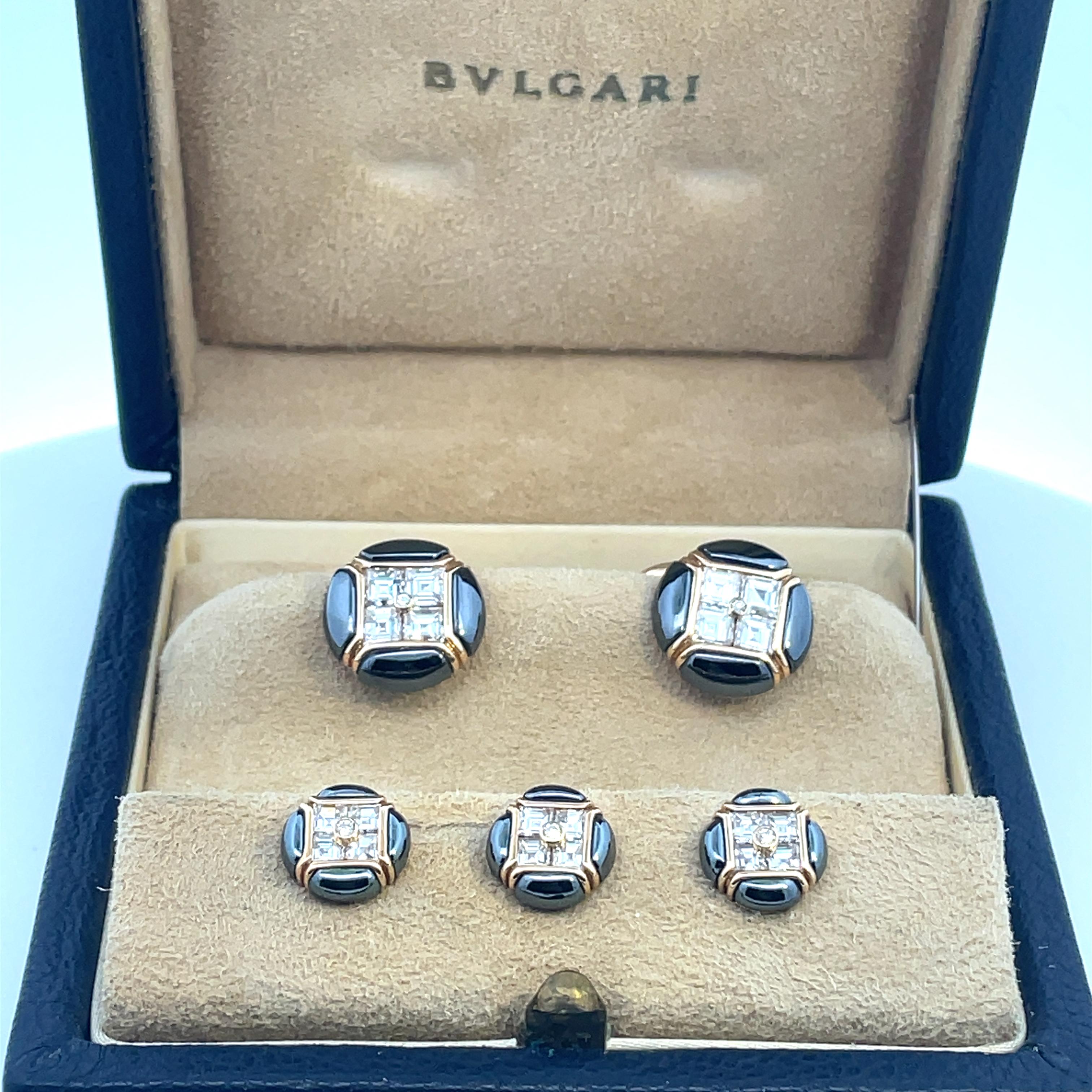 Women's or Men's Vintage Bulgari Gold Hematite and Diamonds Dress Set Cufflinks For Sale