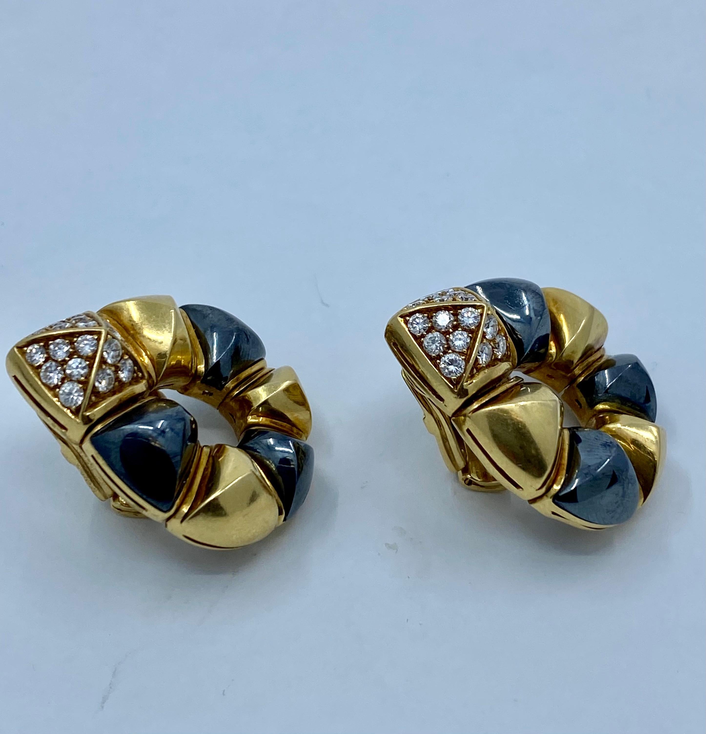 Round Cut Vintage Bulgari Gold Hematite Earrings 