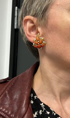 Vintage Bulgari Gold Platinum Earrings and Clip Brooches Set Coral Jewelry