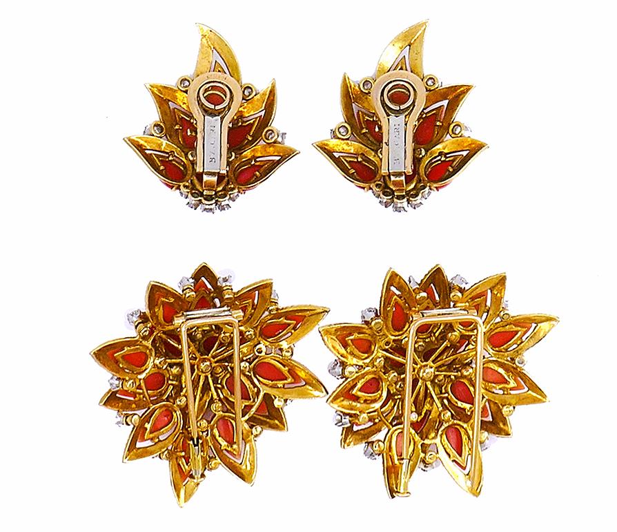 Vintage Bulgari Gold Platinum Earrings and Clip Brooches Set Coral Jewelry In Good Condition For Sale In Beverly Hills, CA